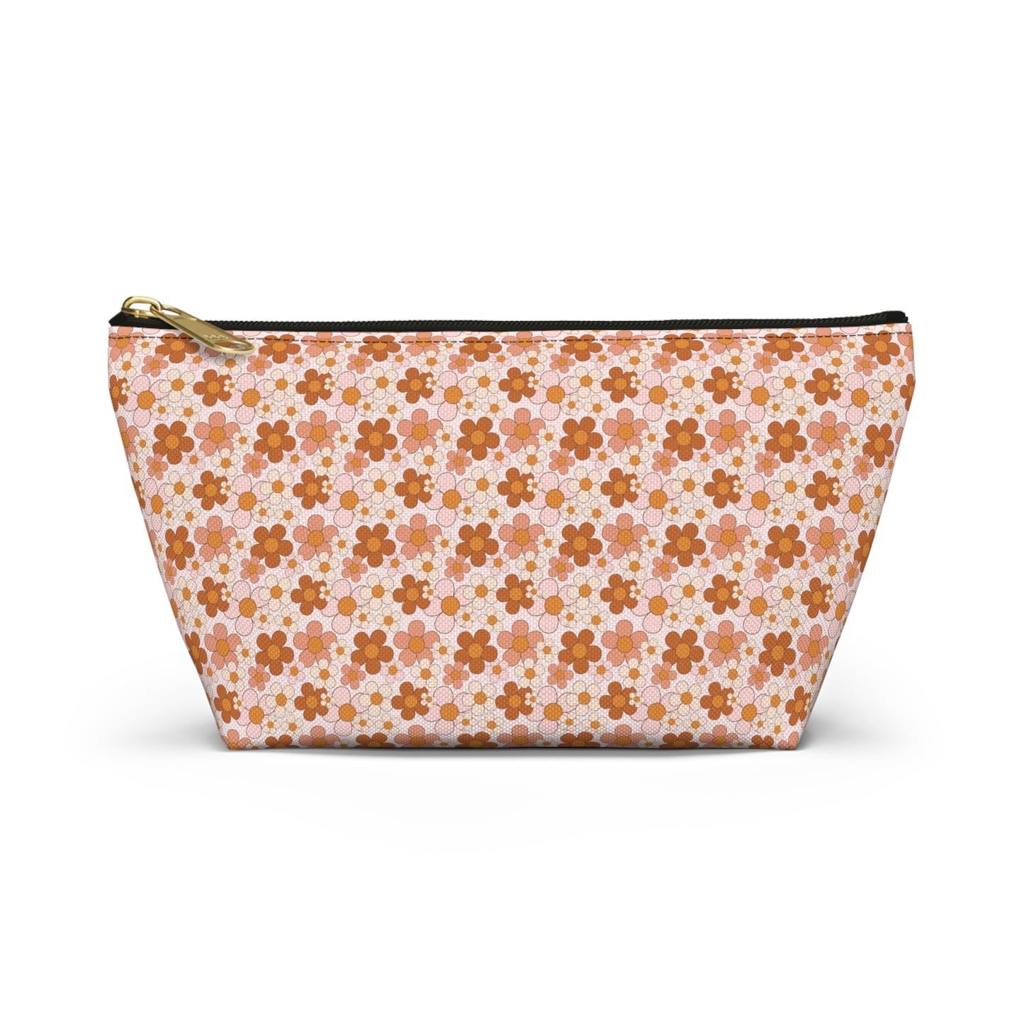 Retro Small Daisy Pink/Rust Floral Print Design Accessory Pouch w T-bottom