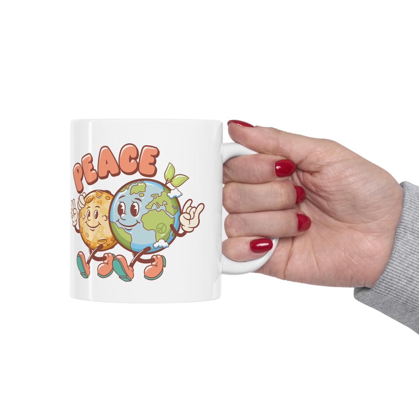 Earth and Moon Characters Spreading World Peace Ceramic Mug 11oz