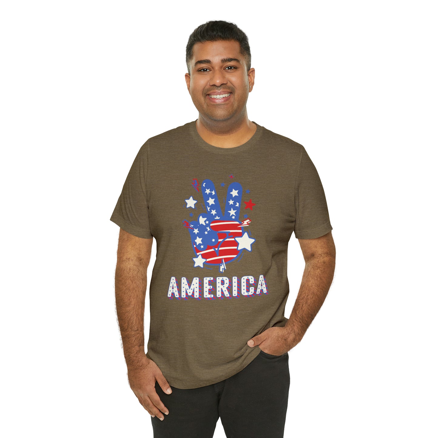 America USA Stars Peace Sign with Hands Unisex Jersey Short Sleeve Tee