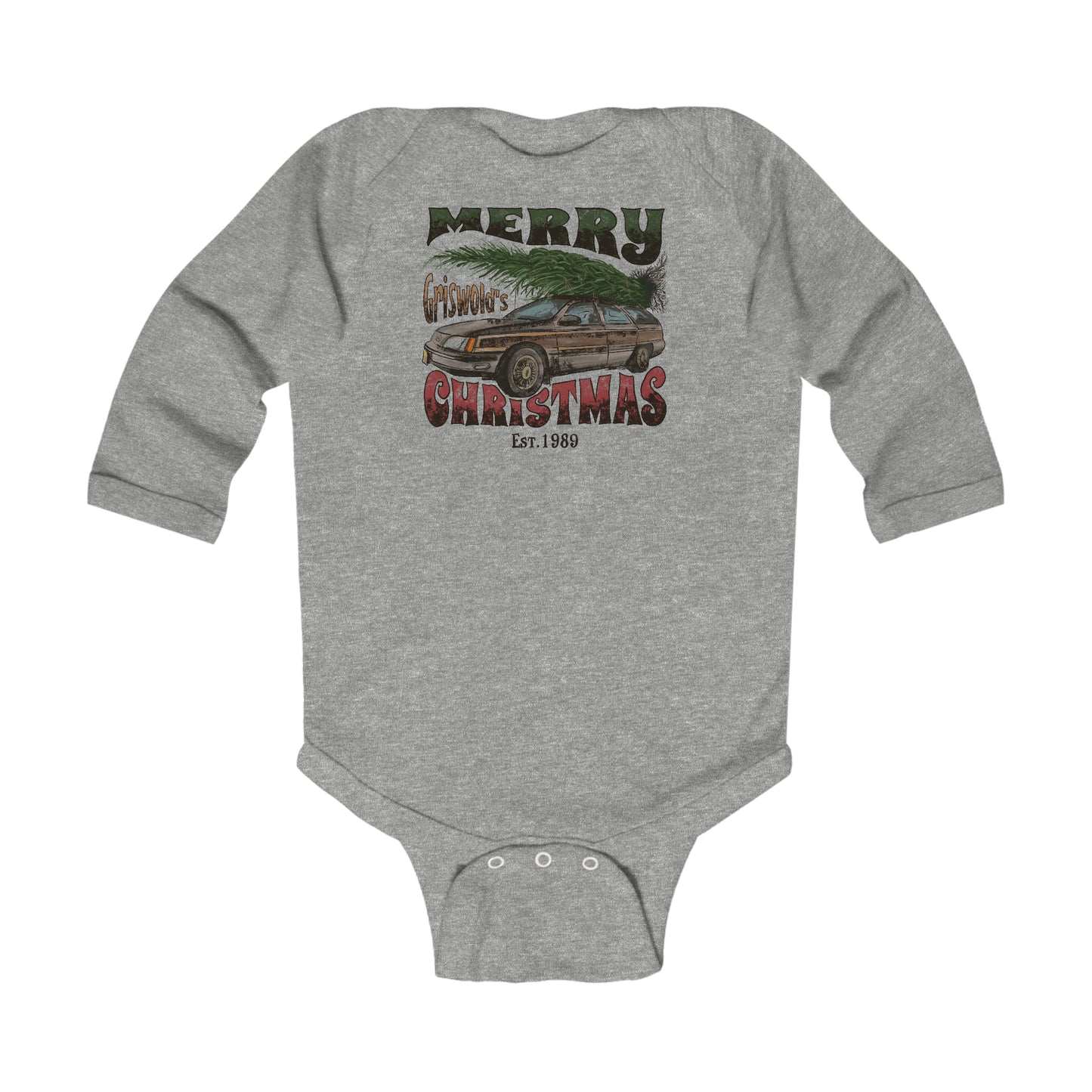 Distressed Merry Griswold's Christmas Tree Station Wagon Holiday Infant Long Sleeve Bodysuit