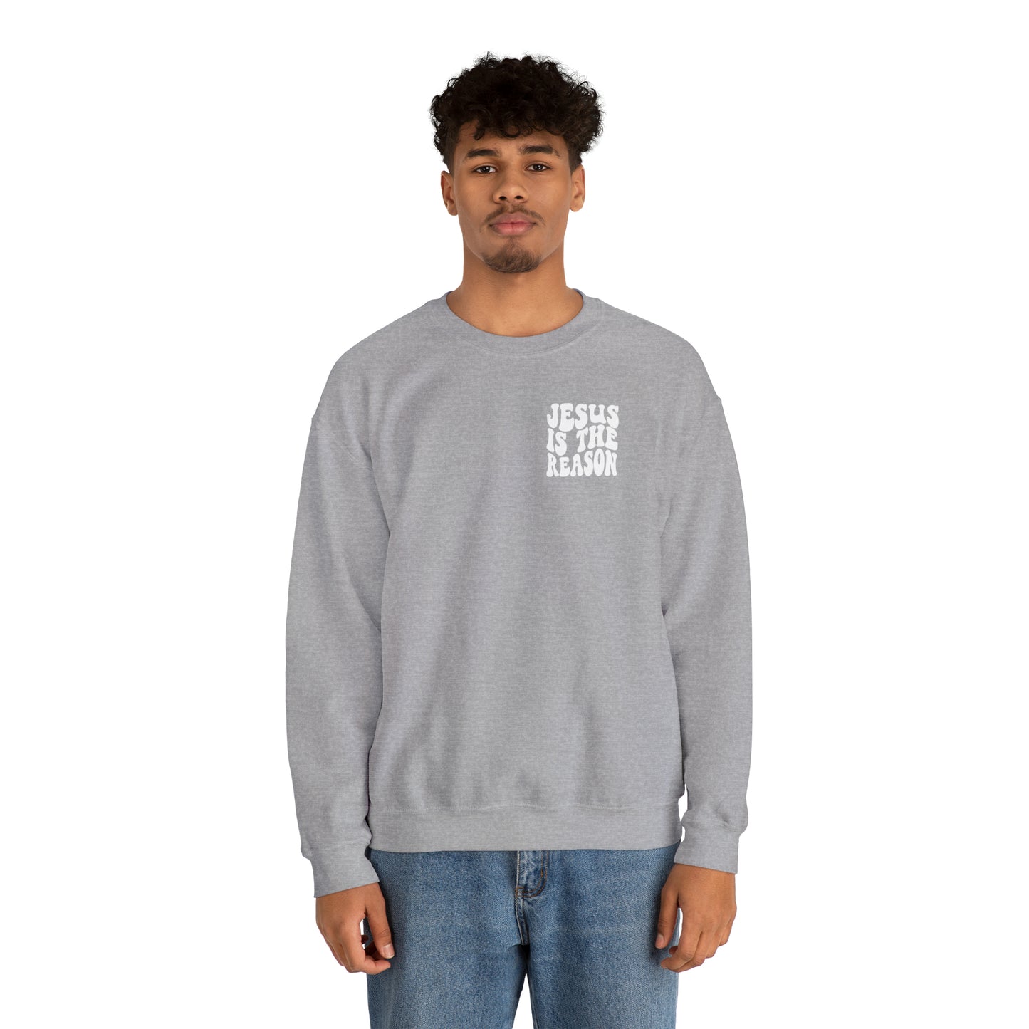 Jesus is the Reason Front & Back Design White Logo Unisex Heavy Blend™ Crewneck Sweatshirt