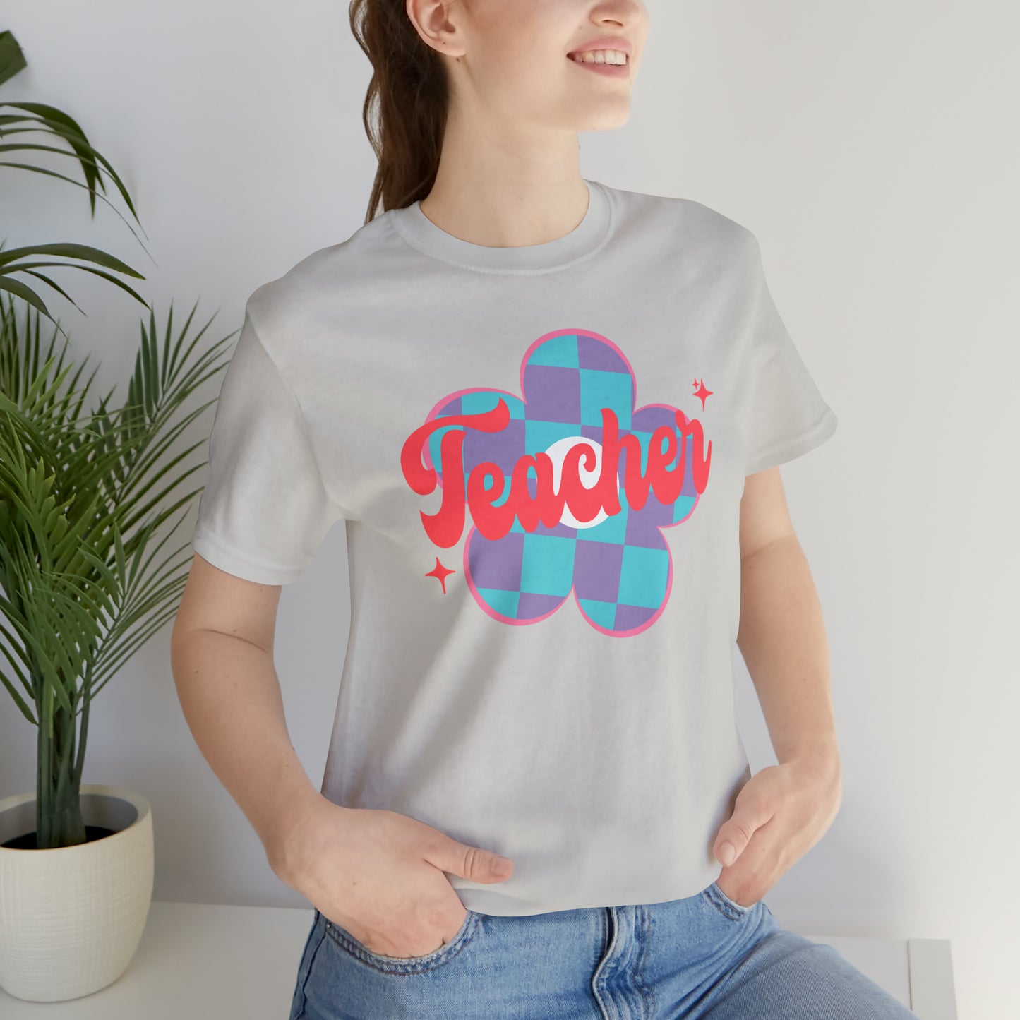 Purple and Blue Plaid Daisey Teacher T-Shirt