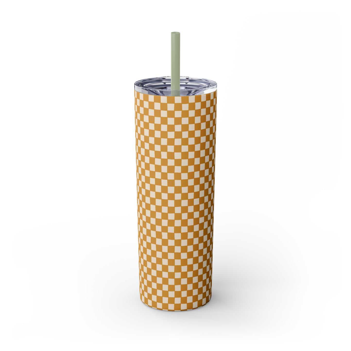 Boho Golden Checkerboard Print Skinny Tumbler with Straw, 20oz