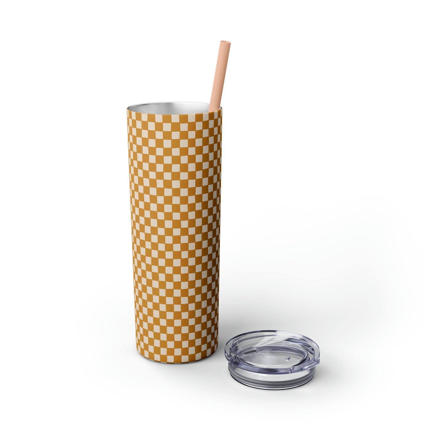 Boho Golden Checkerboard Print Skinny Tumbler with Straw, 20oz