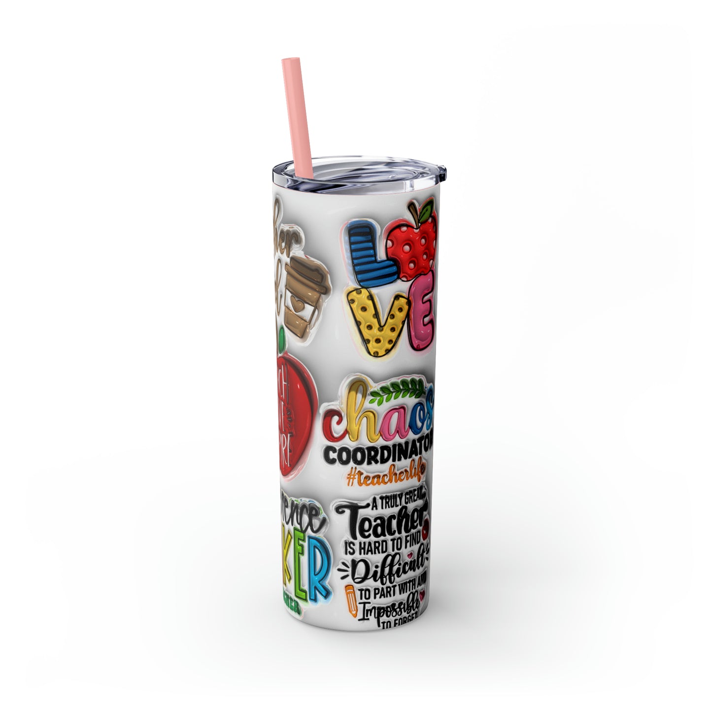A+ Teacher Quotes Collage Skinny Tumbler with Straw, 20oz
