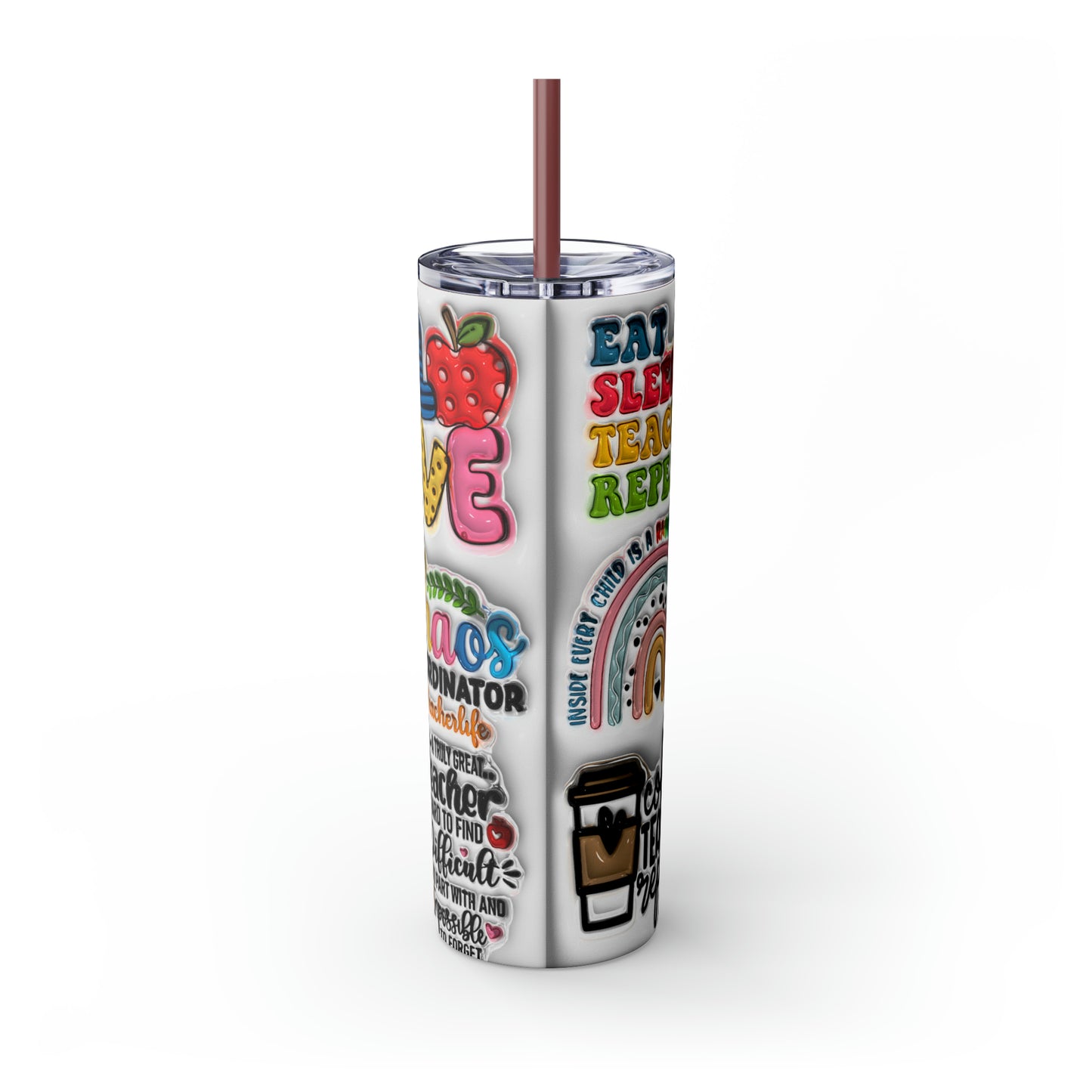 A+ Teacher Quotes Collage Skinny Tumbler with Straw, 20oz