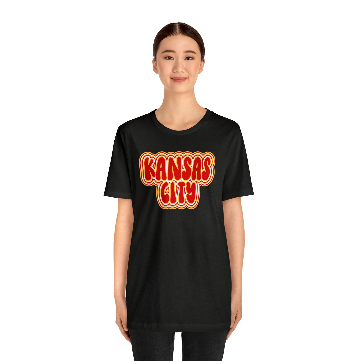 Swift Kelce Football Bubble Font Bella Jersey Short Sleeve Tee (Unisex) - Front and Back Design