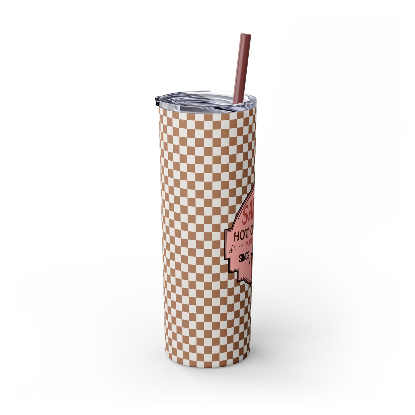 Santa's Hot Chocolate Brown Checkerboard Christmas/ Holiday Skinny Tumbler with Pick your Color Straw, 20oz