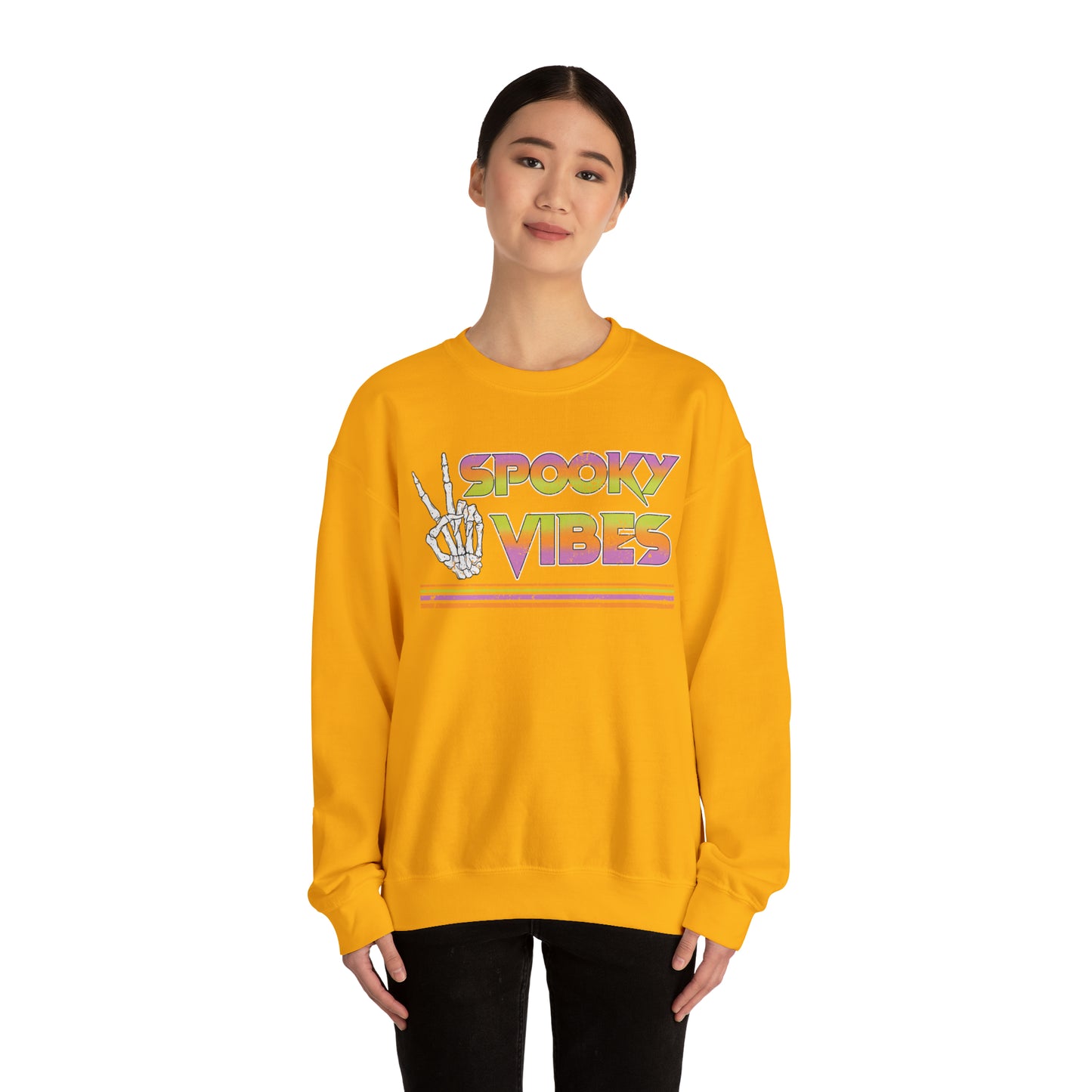 Spooky 80's Vibes Vintage Skeleton Piece Sign Fall Halloween Unisex Heavy Blend™ Crewneck Sweatshirt
