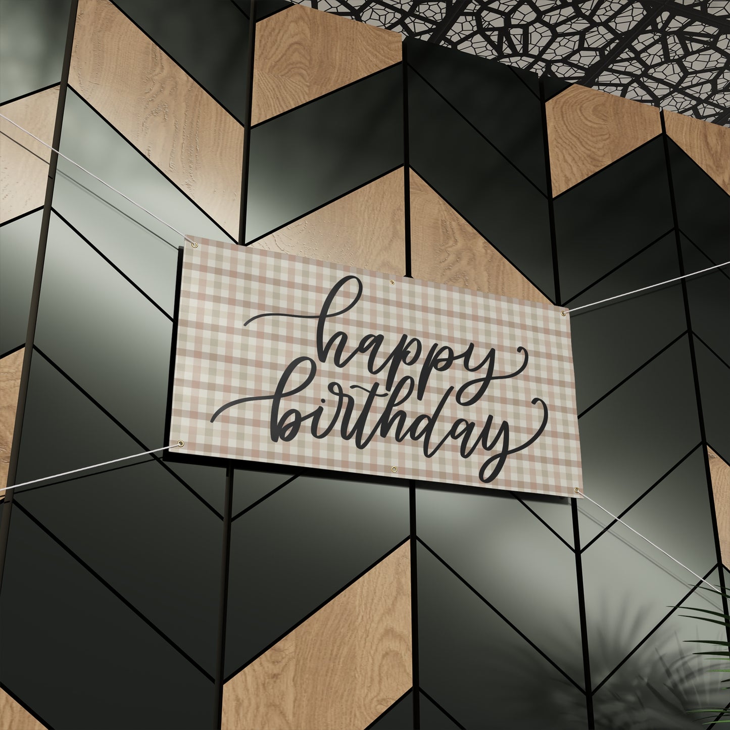 Boho Plaid Cream Cursive Happy Birthday Matte Banner - Pink