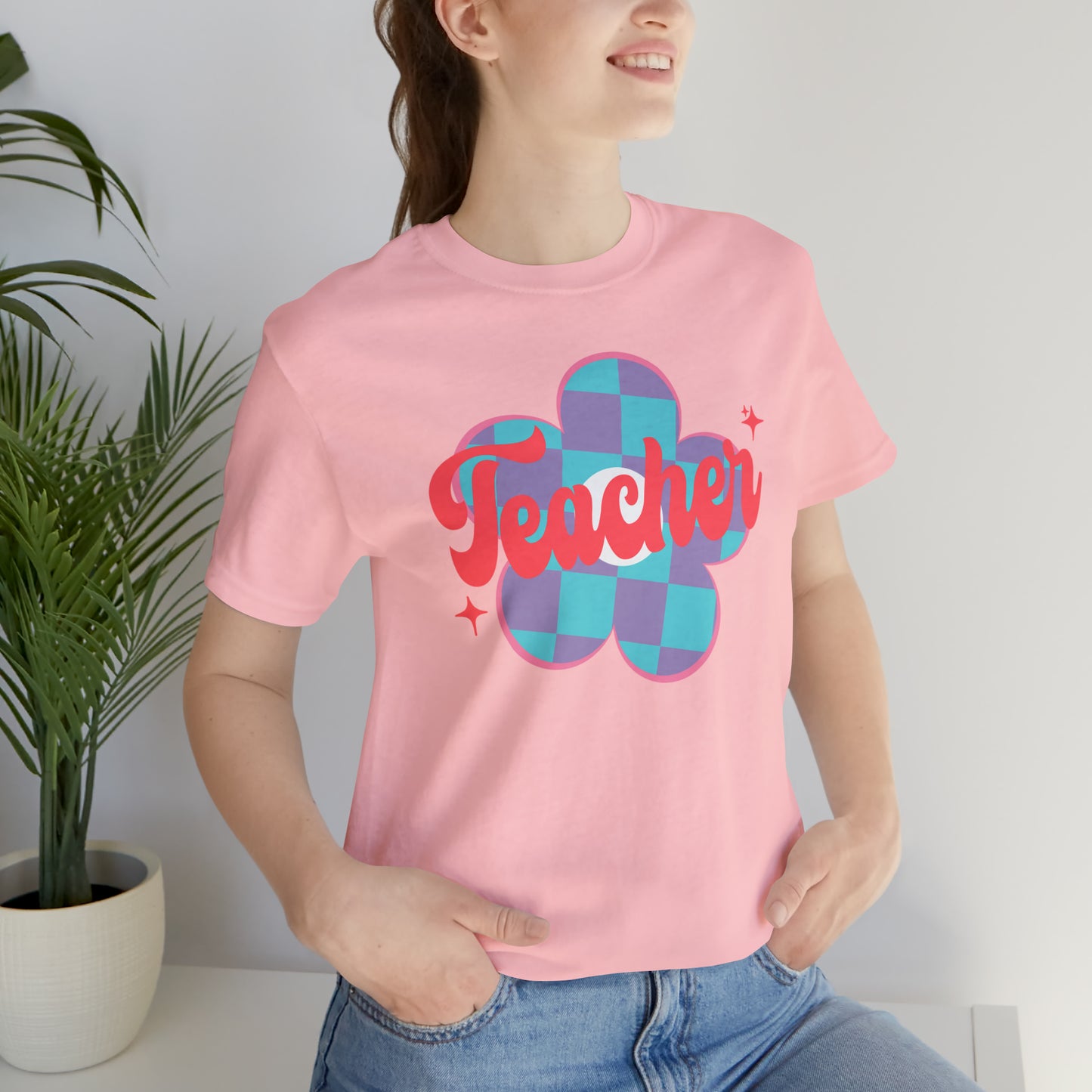 Purple and Blue Plaid Daisey Teacher T-Shirt