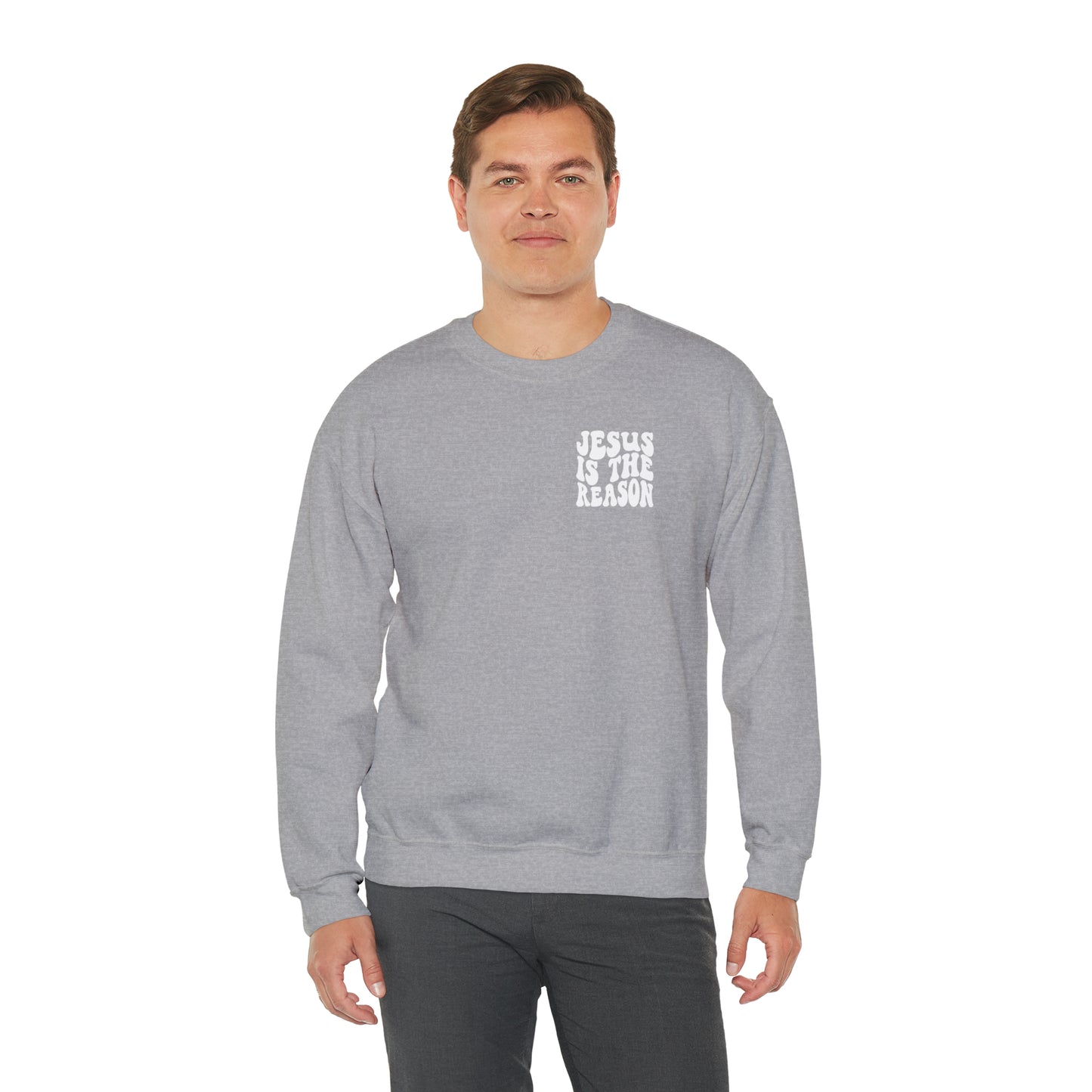 Jesus is the Reason Front & Back Design White Logo Unisex Heavy Blend™ Crewneck Sweatshirt