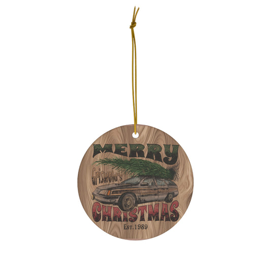 Distressed Merry Griswold's Christmas Tree Station Wagon Holiday Ceramic Ornament