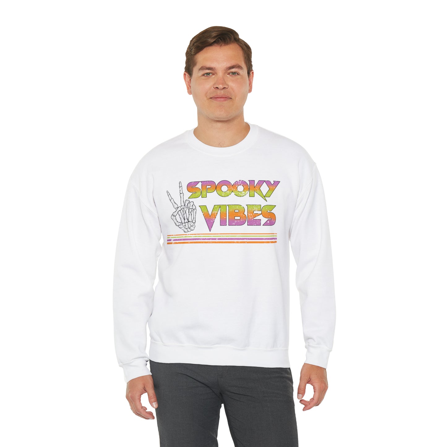 Spooky 80's Vibes Vintage Skeleton Piece Sign Fall Halloween Unisex Heavy Blend™ Crewneck Sweatshirt