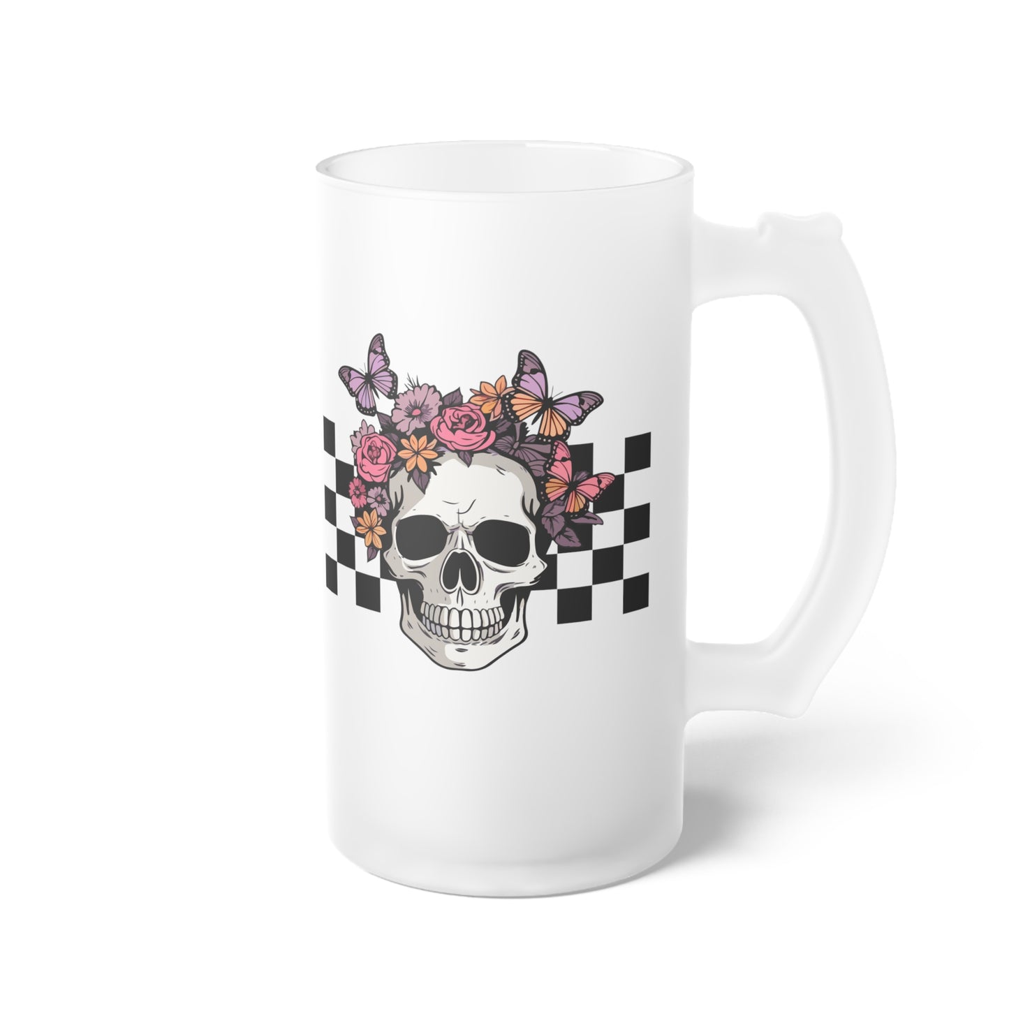 Floral Skeleton Head Hallowen/ Fall Logo Frosted Glass Beer Mug