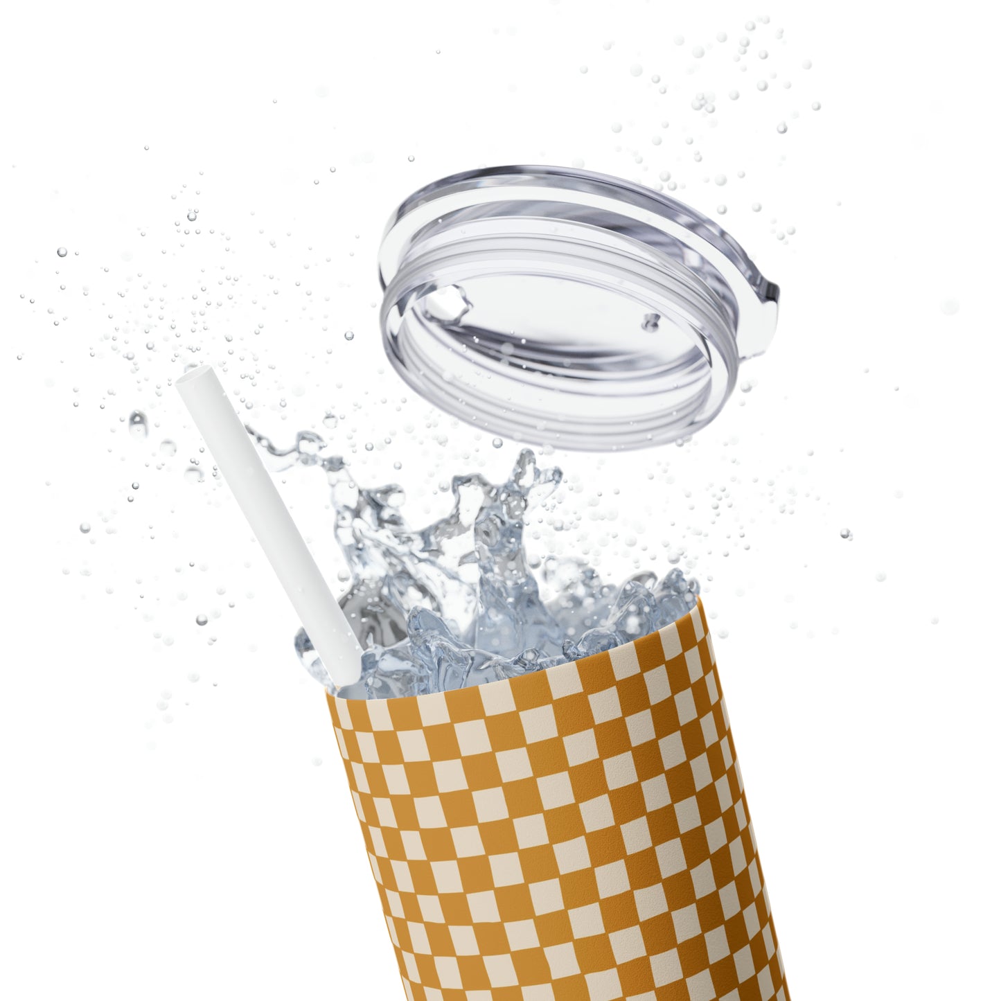 Boho Golden Checkerboard Print Skinny Tumbler with Straw, 20oz