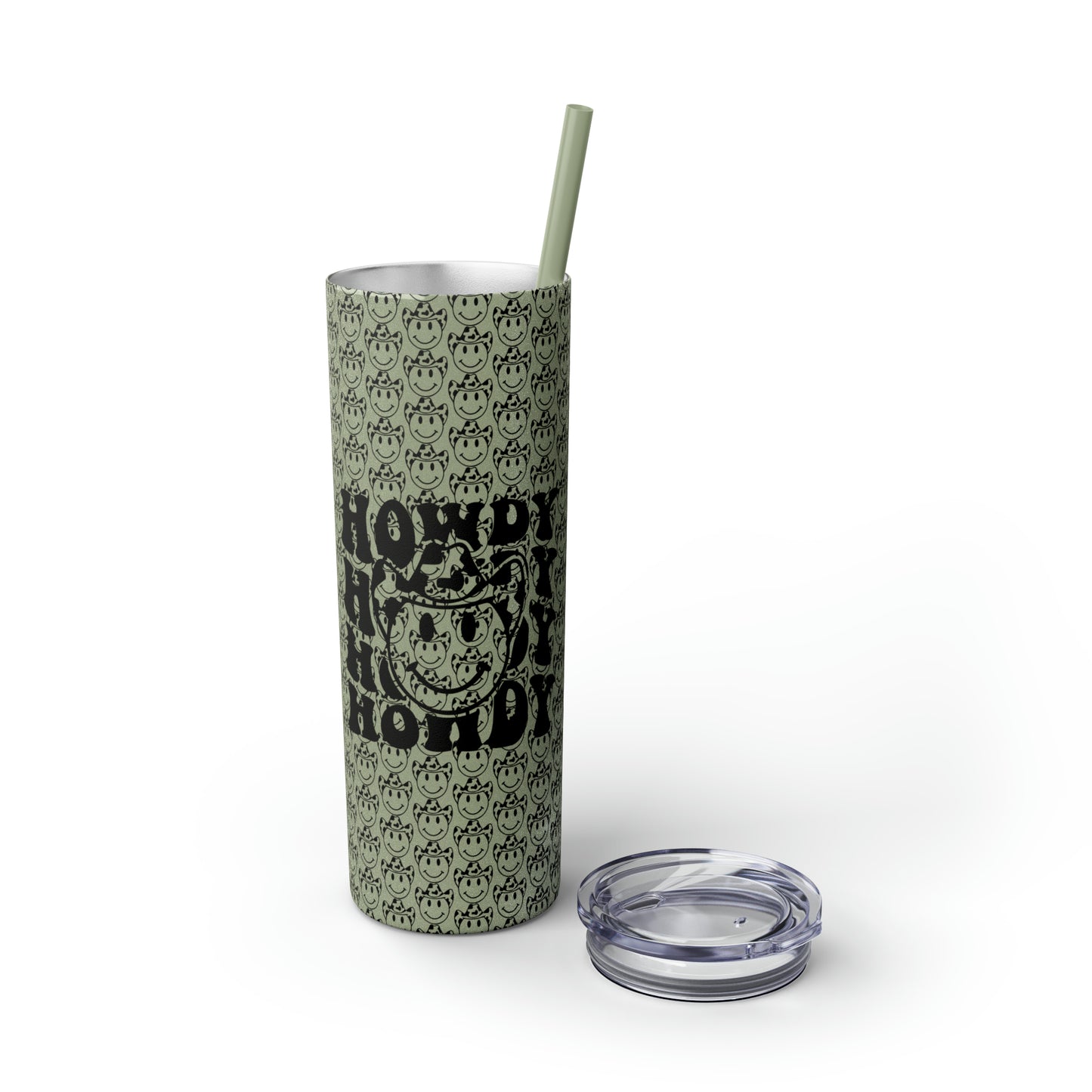 Howdy Howdy Howdy Smiley Face with Cowboy Hat Skinny Tumbler with Straw, 20oz