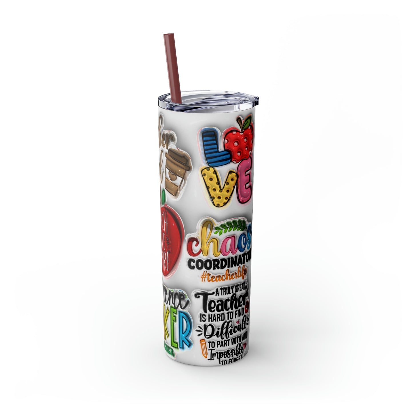 A+ Teacher Quotes Collage Skinny Tumbler with Straw, 20oz