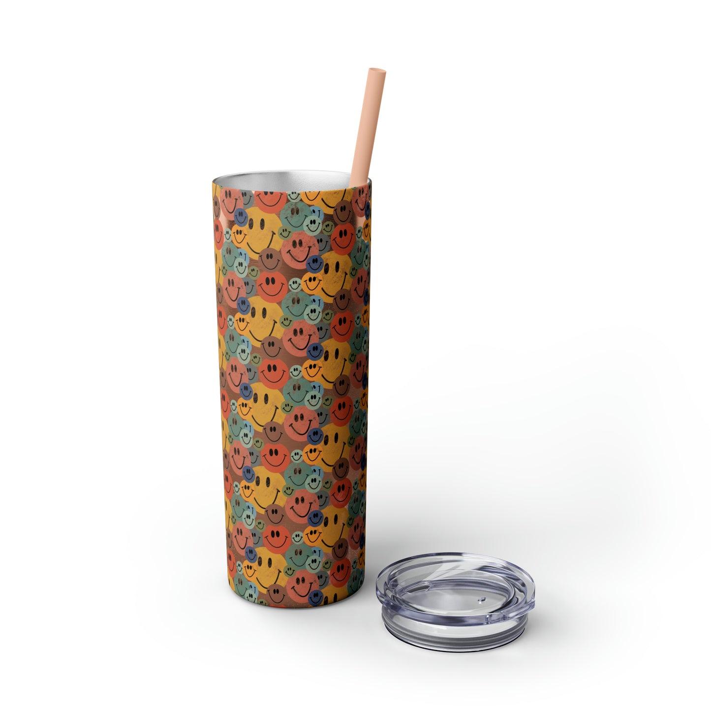 Old School Smiley Face Stickers Patterned Skinny Tumbler with Straw, 20oz
