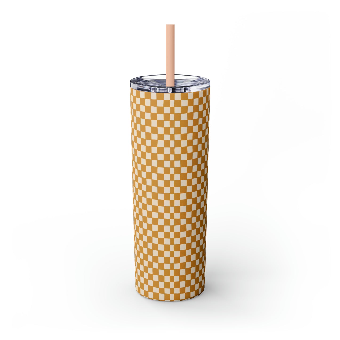 Boho Golden Checkerboard Print Skinny Tumbler with Straw, 20oz
