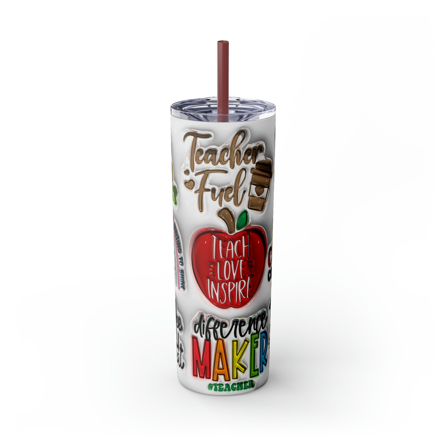 A+ Teacher Quotes Collage Skinny Tumbler with Straw, 20oz
