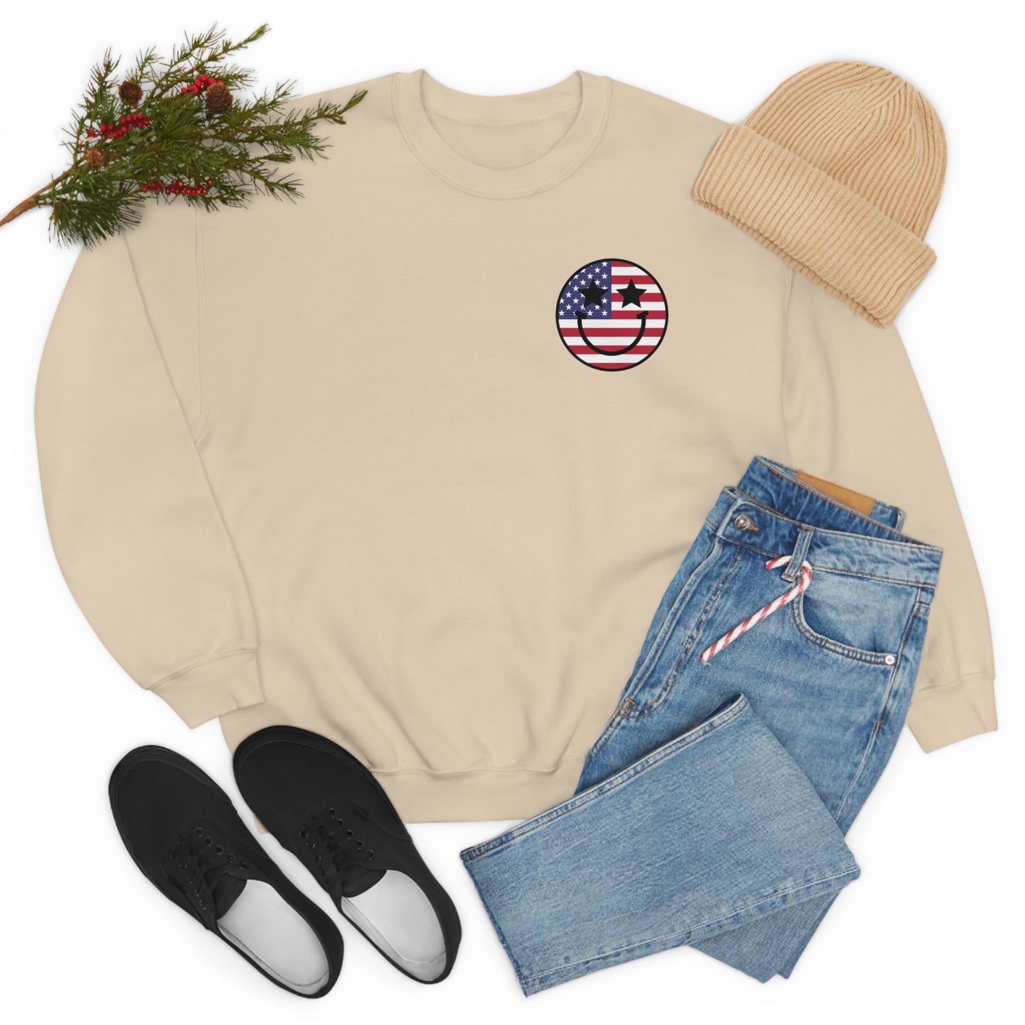 "Land of the Free Because of the Brave with Smiley Face Front" (Front & Back Design) - Unisex Heavy Blend™ Crewneck Sweatshirt
