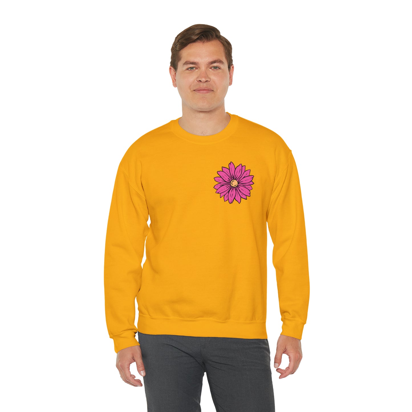 FRONT AND BACK DESIGN Positive Energy (Flower on Front and Message on Back) Font Heavy Blend™ Crewneck Sweatshirt