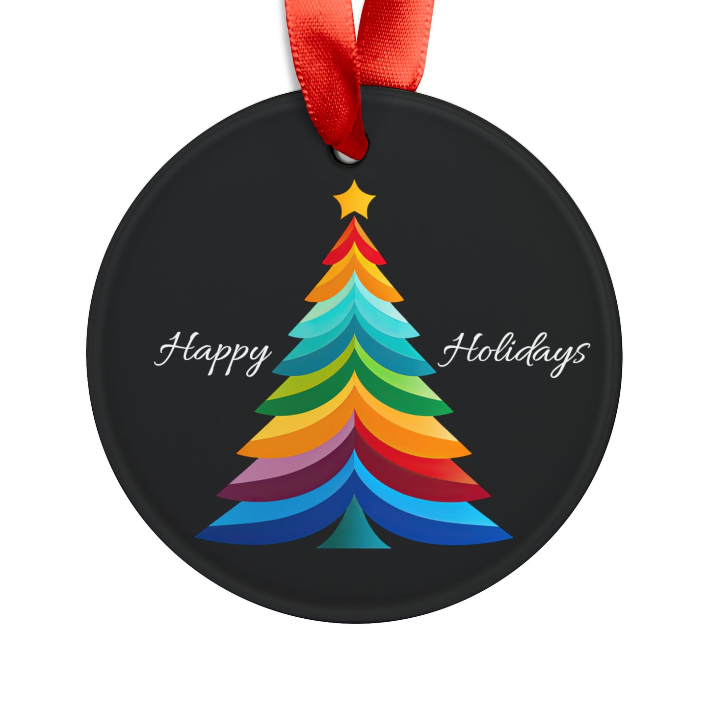 Happy Holidays Layered Rainbow Christmas Tree Acrylic Ornament with Ribbon