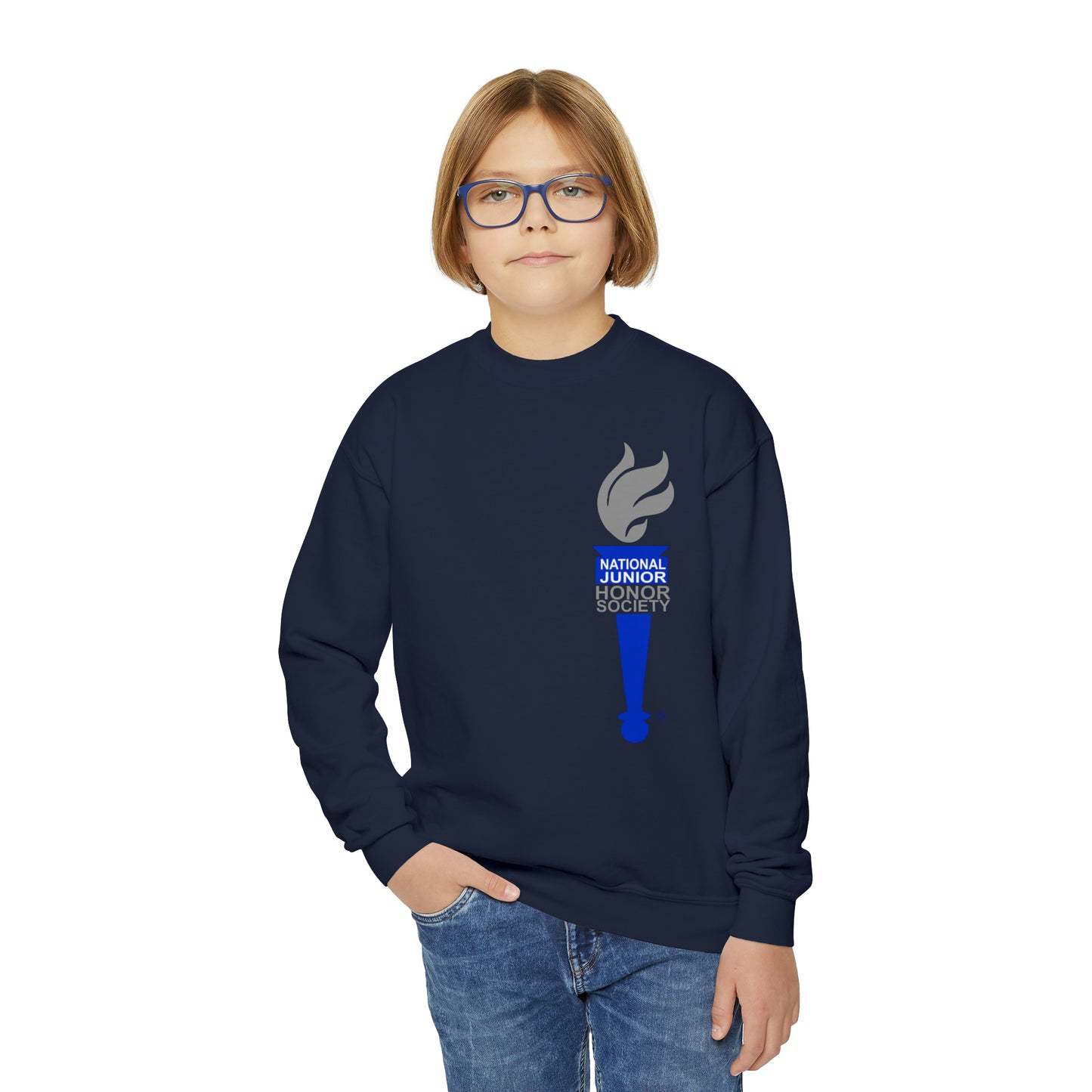 YOUTH - Front and Back Design - National Junior Honor Society Royal Torch (front) and Circular Character Torch (back) Youth Crewneck Sweatshirt
