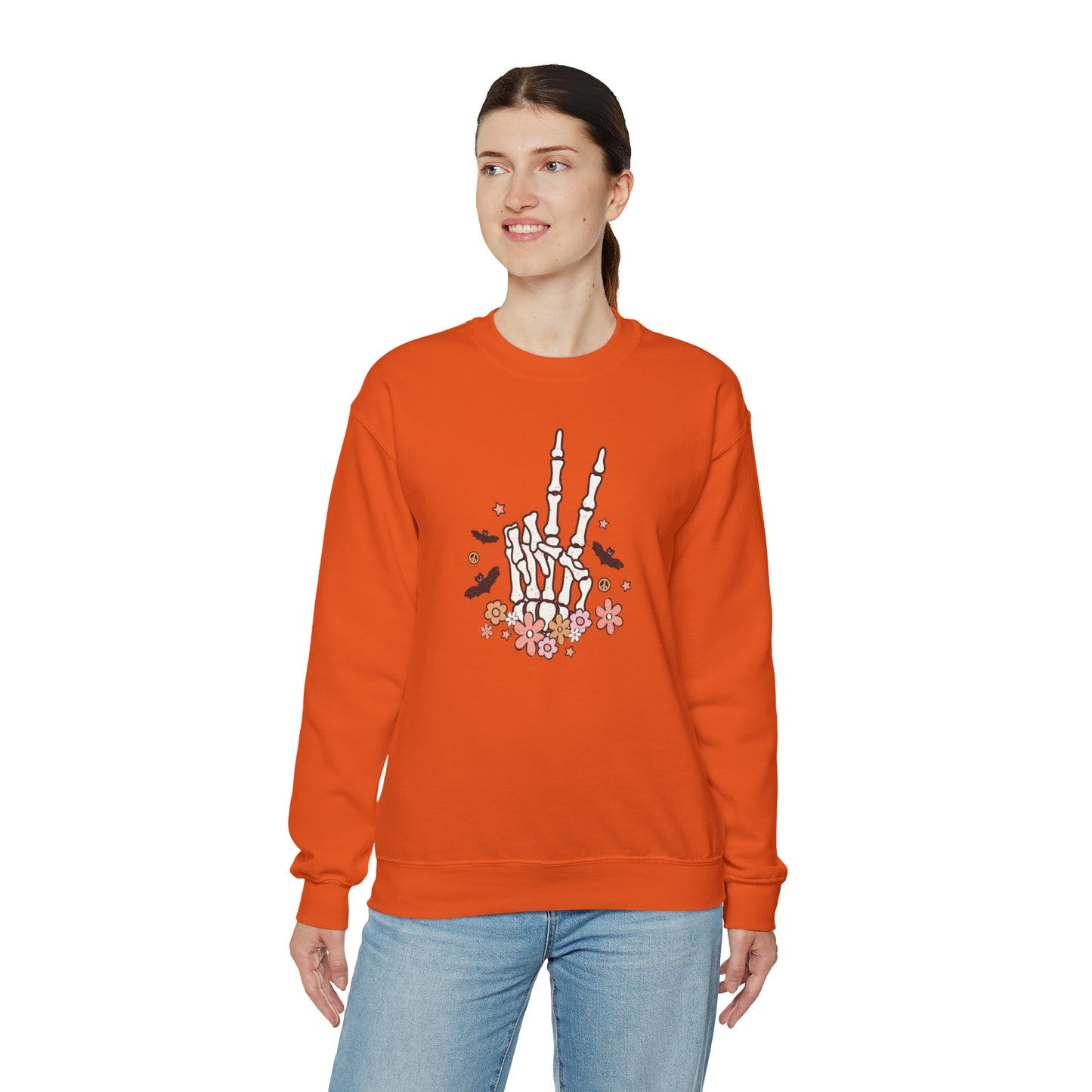 Boho Skeleton Floral Piece Sign Hand Fall Halloween Retro Warm Colored Unisex Heavy Blend™ Crewneck Sweatshirt