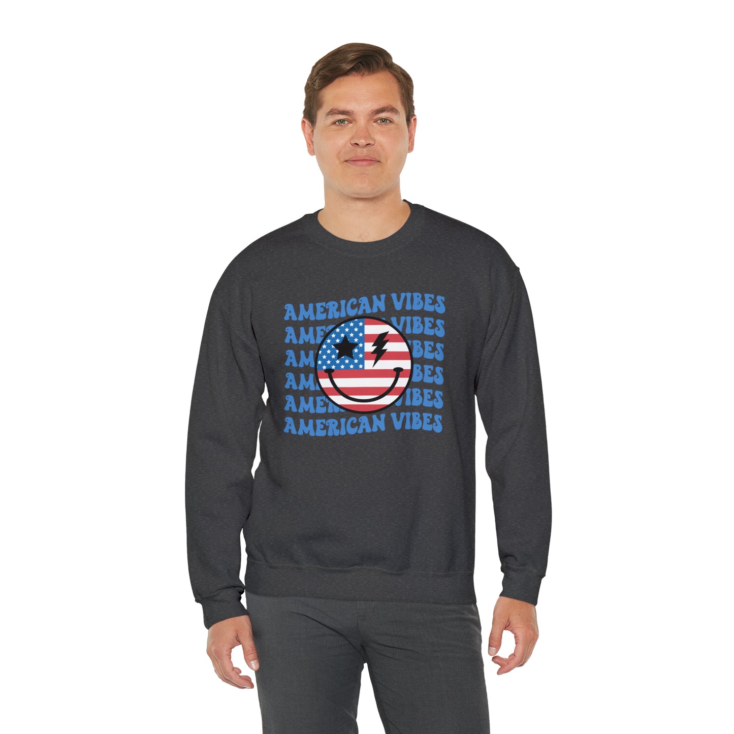 USA American Vibes Flag Smiley Face Heavy Blend™ Crewneck Sweatshirt
