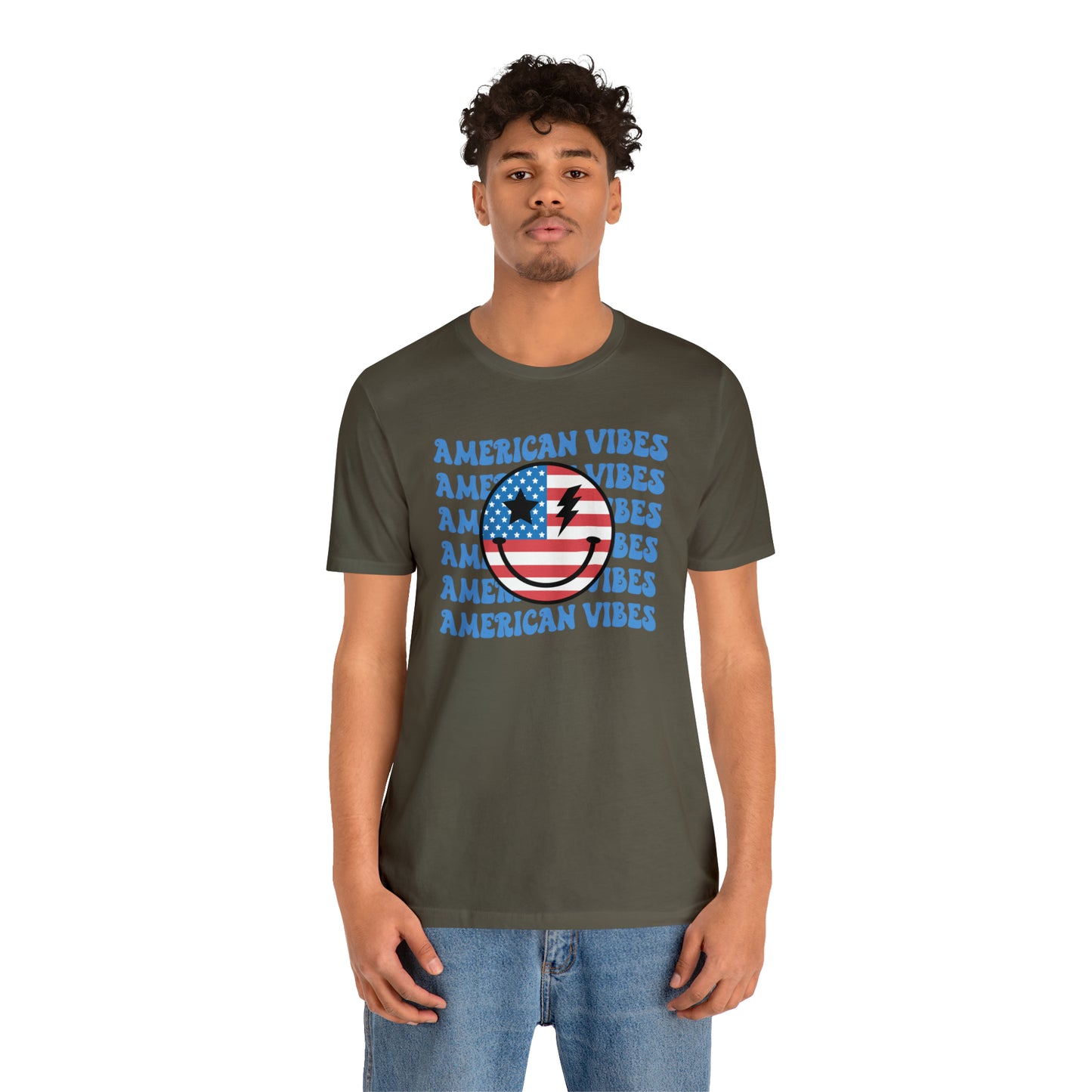 USA American Vibes American Flag Smiley Face Unisex Jersey Short Sleeve Tee
