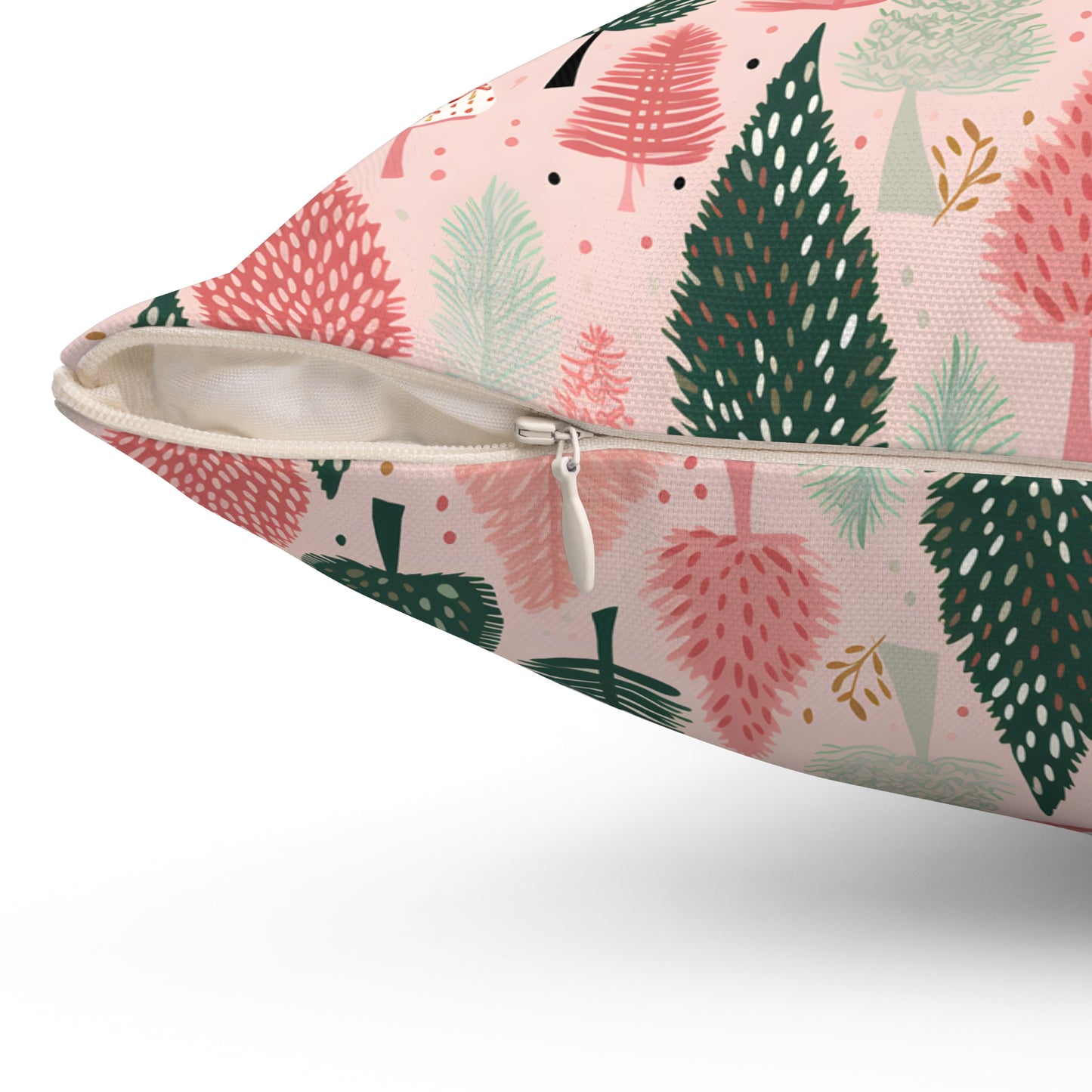 Boho Pink and Green Christmas Tree Print/ Holiday Polyester Square Pillow