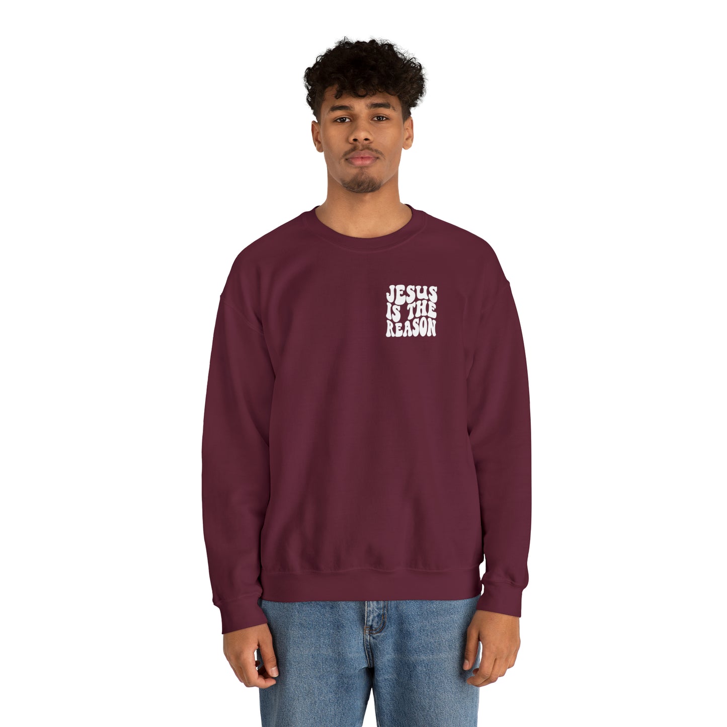 Jesus is the Reason Front & Back Design White Logo Unisex Heavy Blend™ Crewneck Sweatshirt