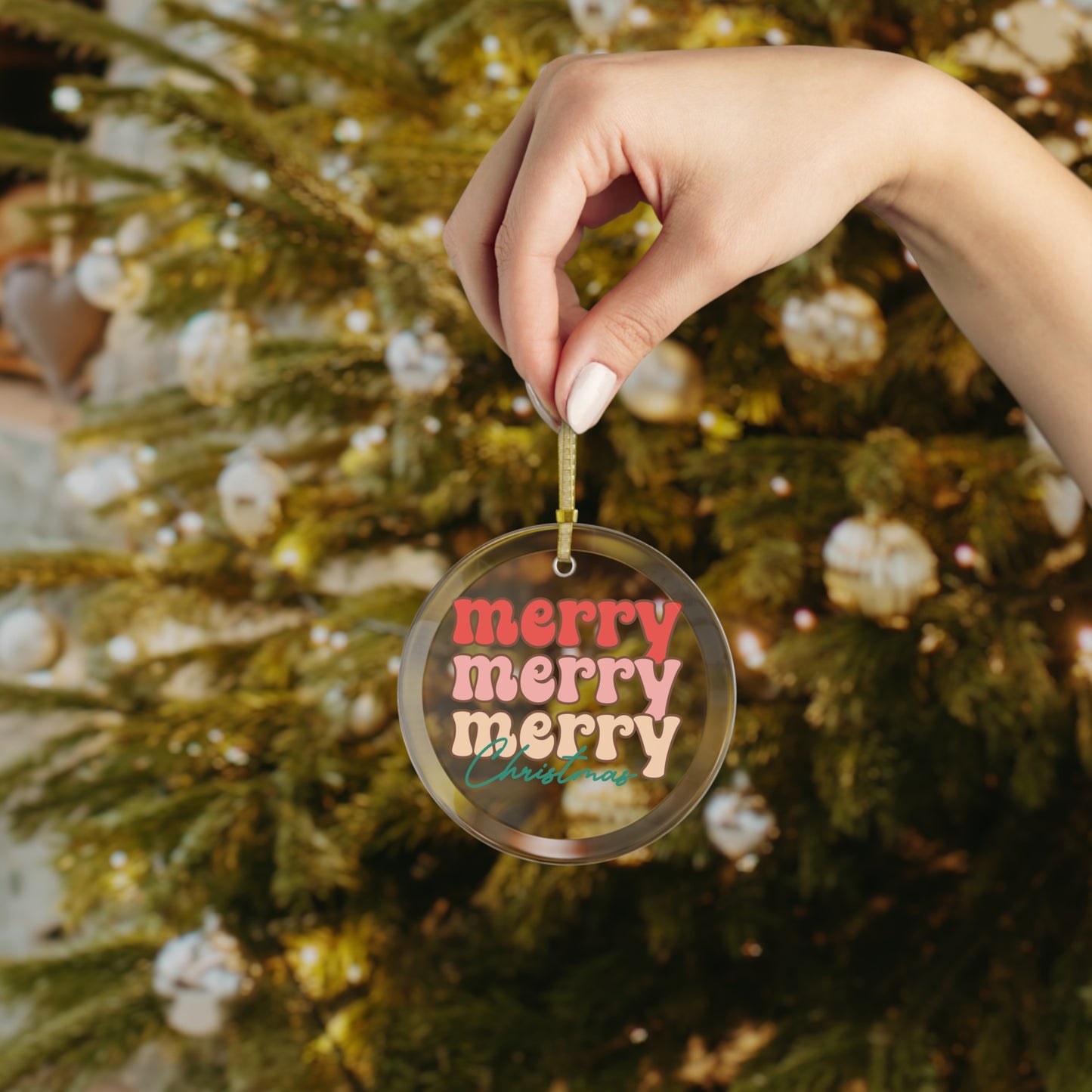 Merry Merry Merry Christmas Glass Ornament