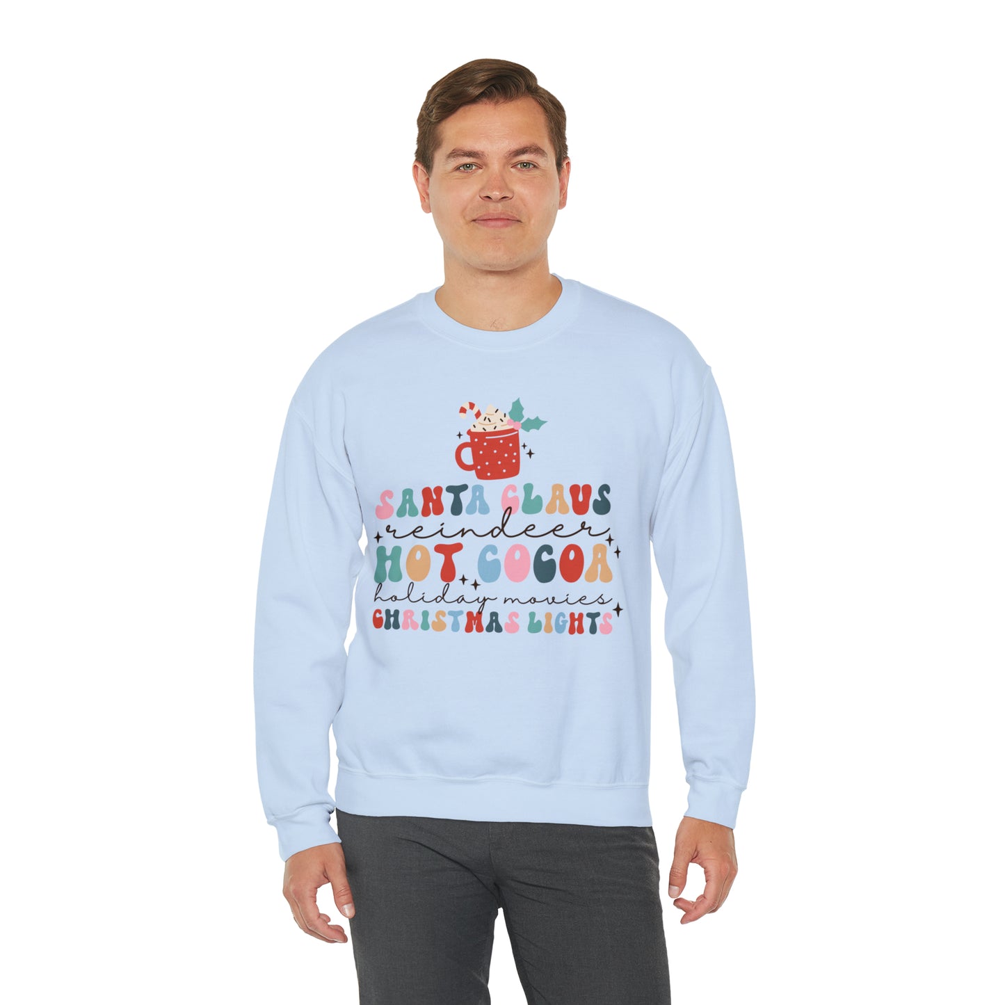 Santa Claus Reindeer Hot Cocoa Christmas Lights Heavyweight Crewneck Sweatshirt