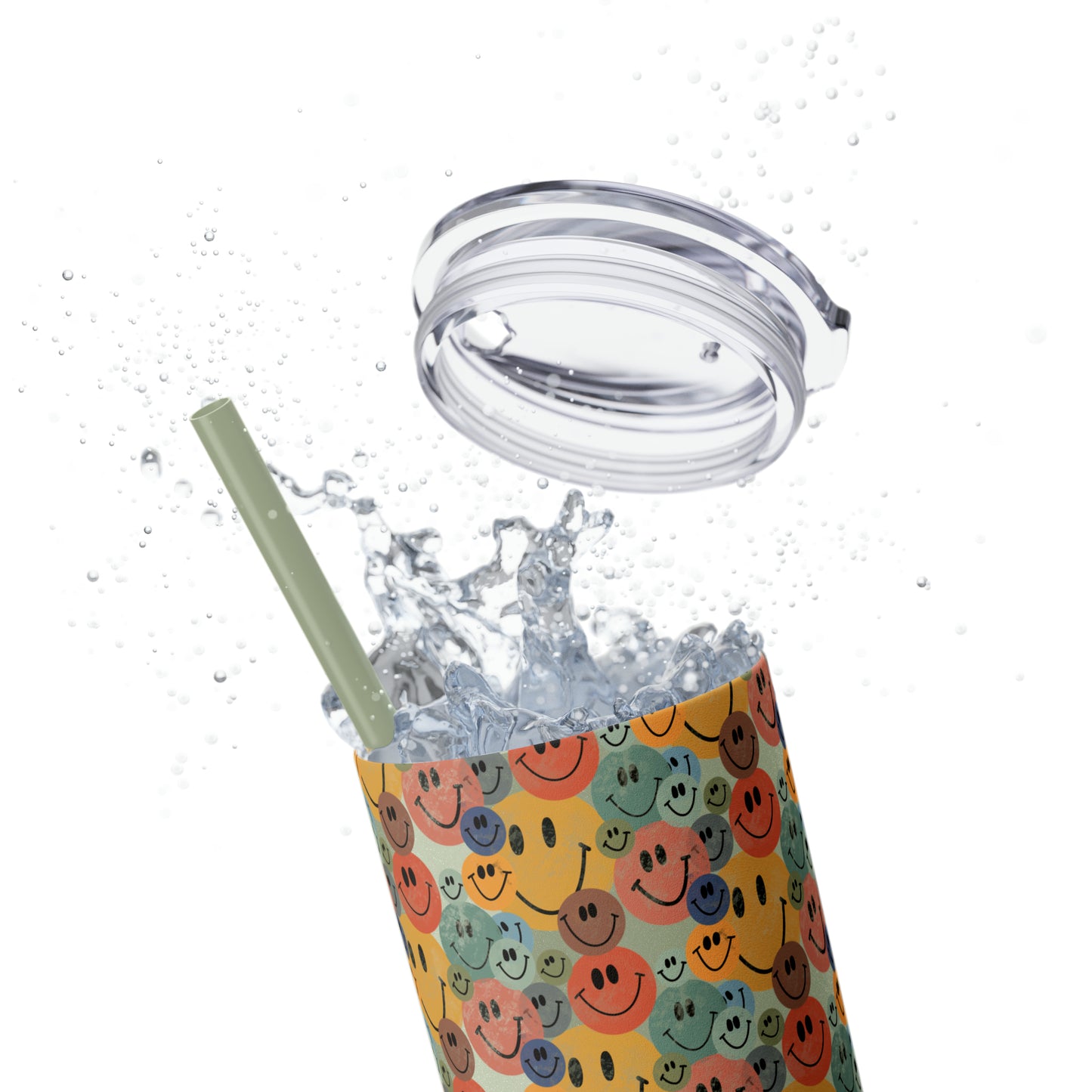 Old School Smiley Face Stickers Patterned Skinny Tumbler with Straw, 20oz
