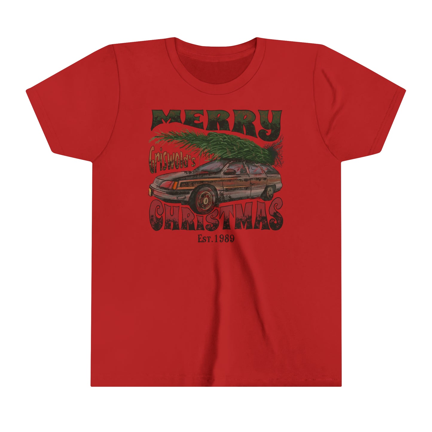 YOUTH - Distressed Griswold's Christmas Tree Station Wagon HolidayYouth Short Sleeve Tee