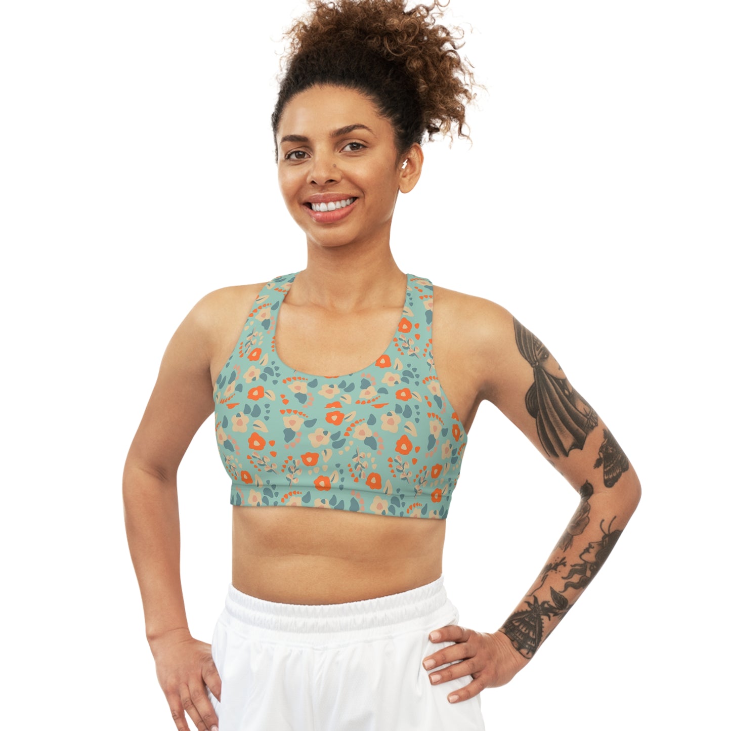 Boho Blue and Orange Dainty Floral Seamless Sports Bra