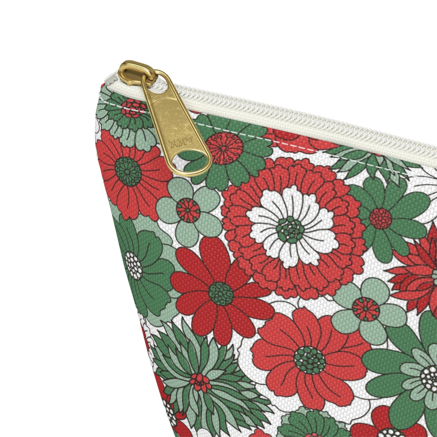 Retro Floral Christmas Red and Green Print Design Accessory Pouch w T-bottom