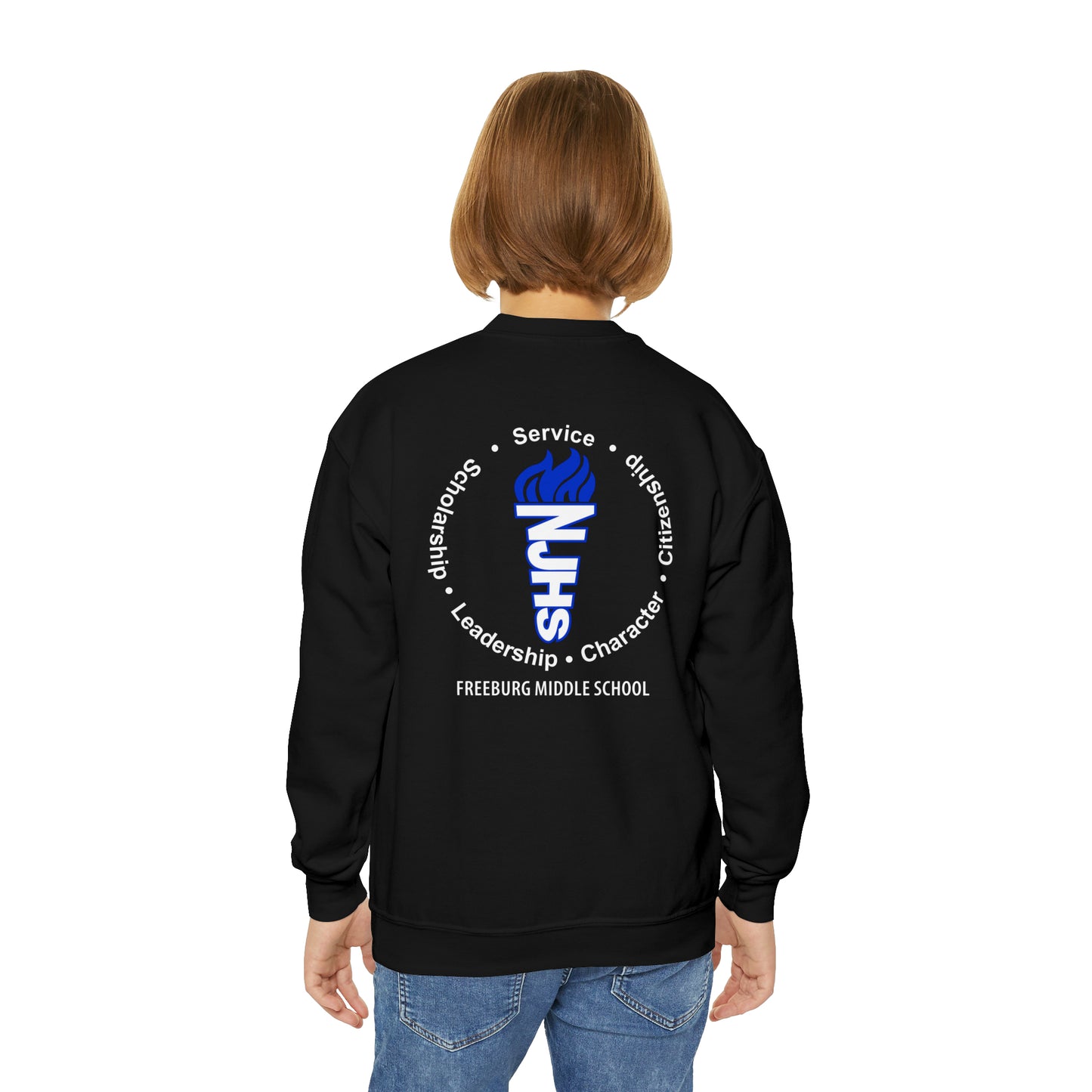 YOUTH - Front and Back Design - National Junior Honor Society Royal Torch (front) and Circular Character Torch (back) Youth Crewneck Sweatshirt