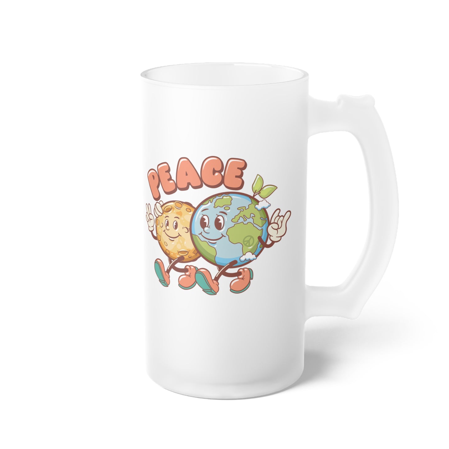 Earth and Moon Characters Peace Design Frosted Glass Beer Mug