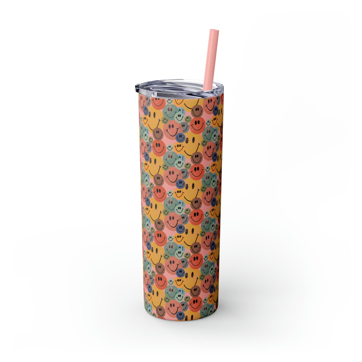 Old School Smiley Face Stickers Patterned Skinny Tumbler with Straw, 20oz