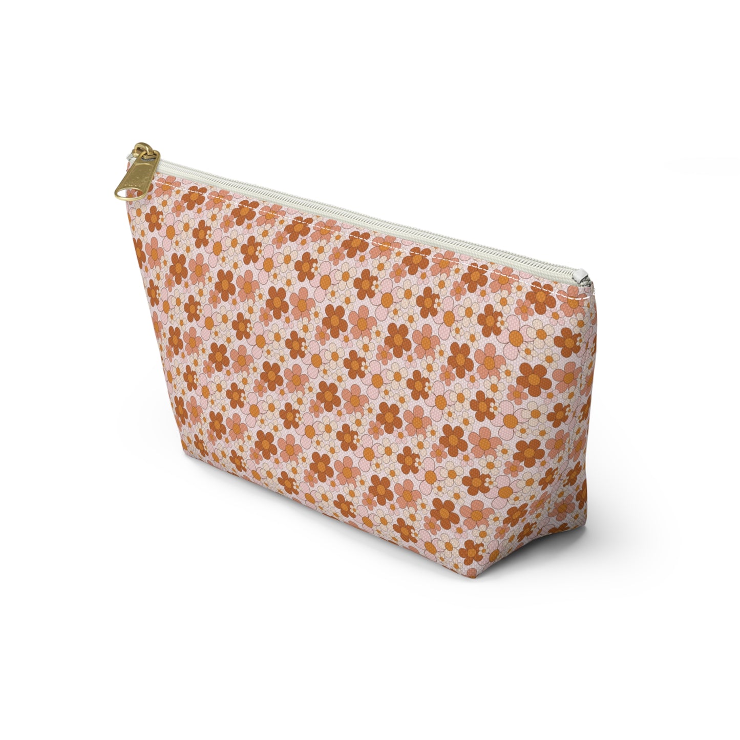 Retro Small Daisy Pink/Rust Floral Print Design Accessory Pouch w T-bottom