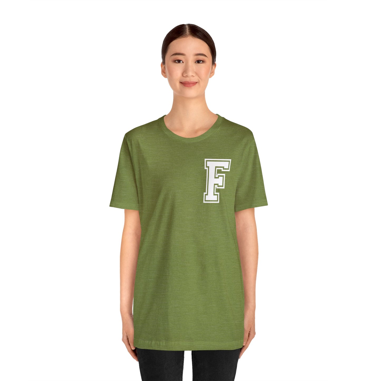 Front and Back Design - Varsity F Vertical Freeburg Midgets Logo Bella Jersey Short Sleeve Tee (Unisex)