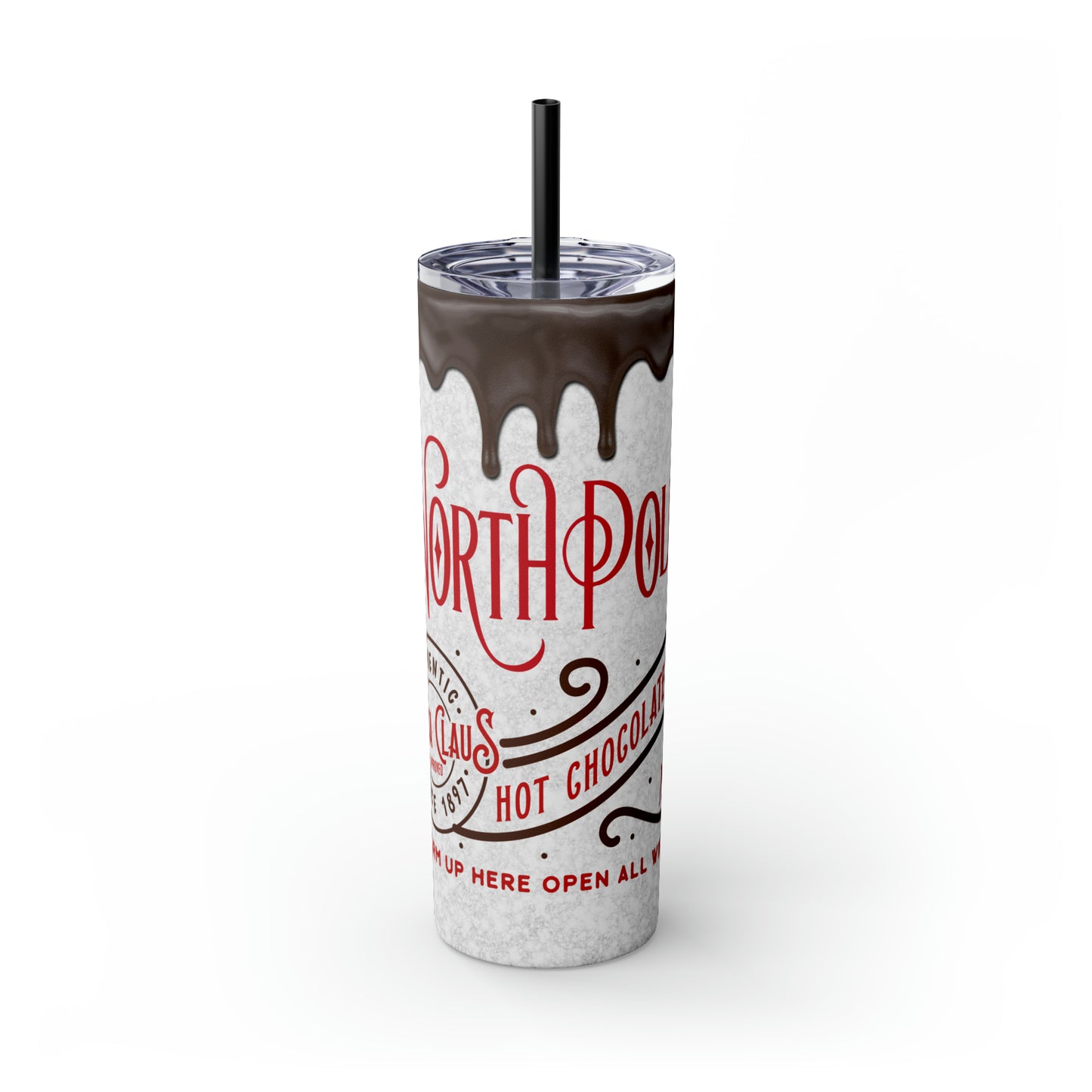 North Pole Santa Claus Hot Chocolate Co. Christmas/ Holiday Skinny Tumbler with Straw, 20oz