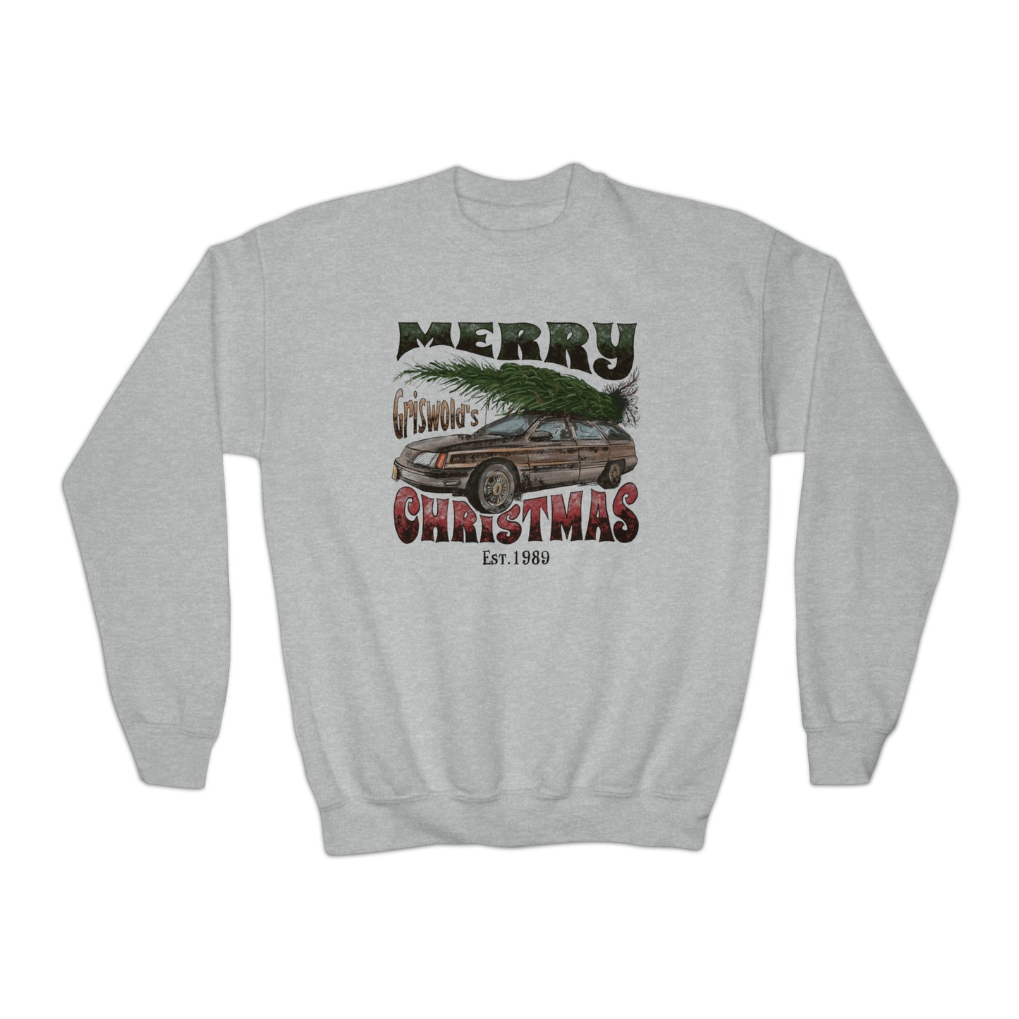 YOUTH - Merry Griswold's Christmas Tree Station Wagon Holiday Youth Crewneck Sweatshirt