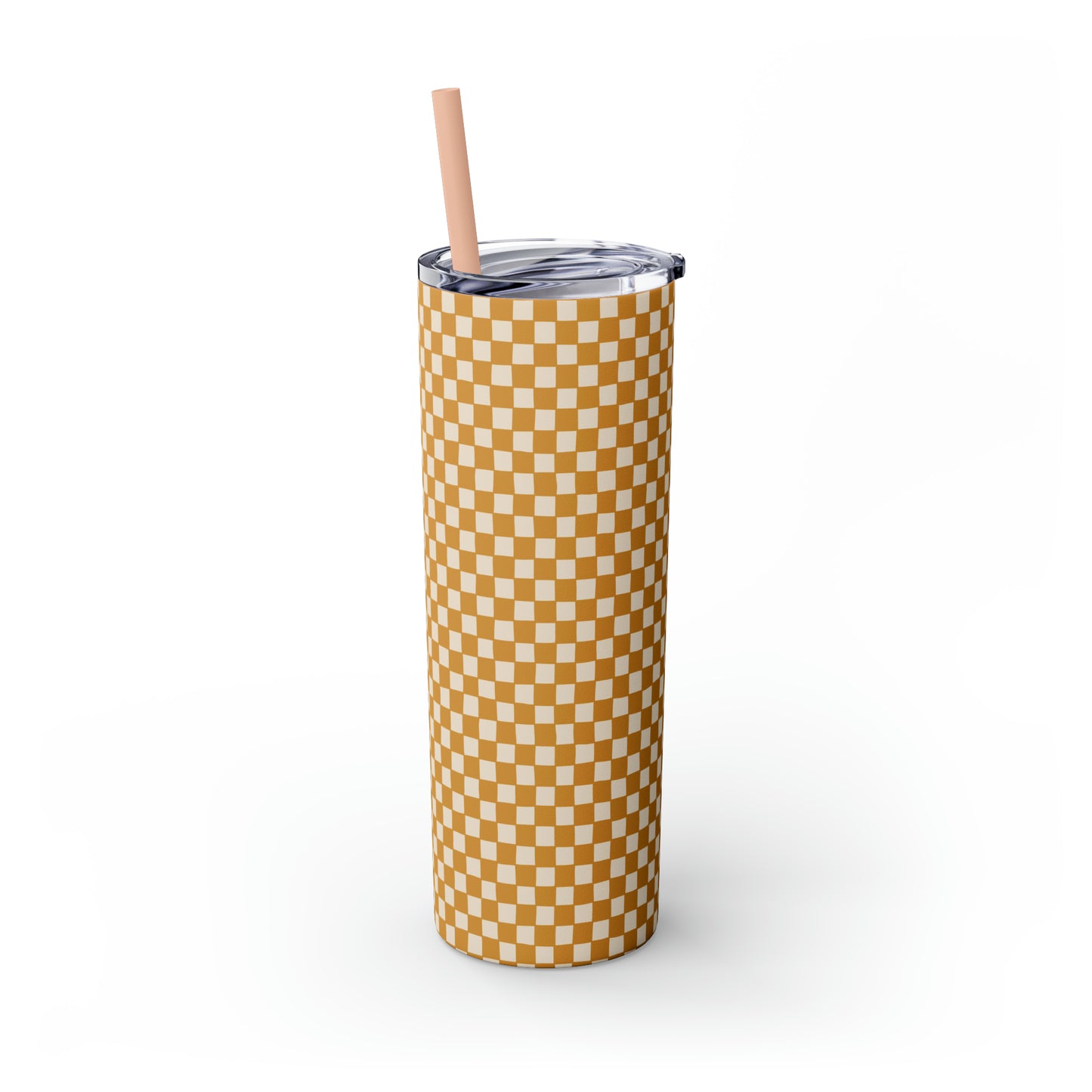 Boho Golden Checkerboard Print Skinny Tumbler with Straw, 20oz
