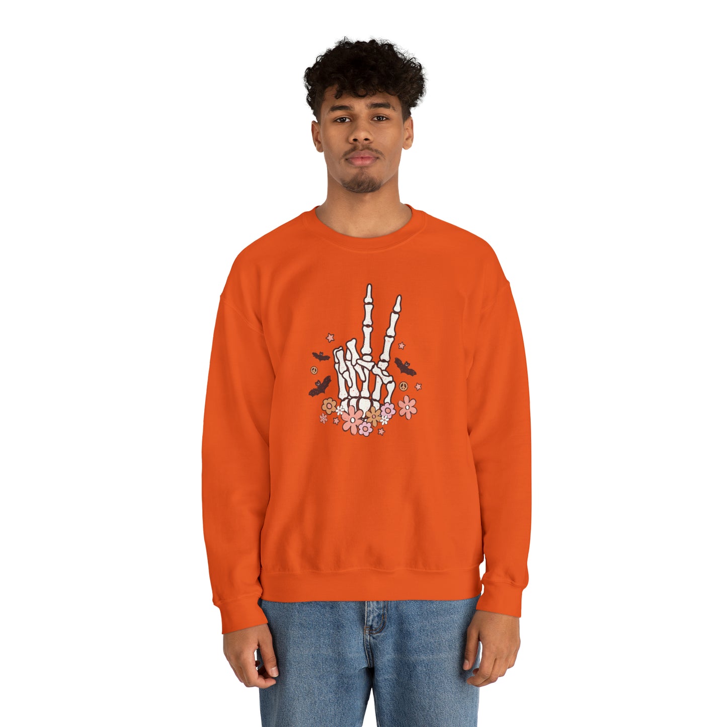 Boho Skeleton Floral Piece Sign Hand Fall Halloween Retro Warm Colored Unisex Heavy Blend™ Crewneck Sweatshirt