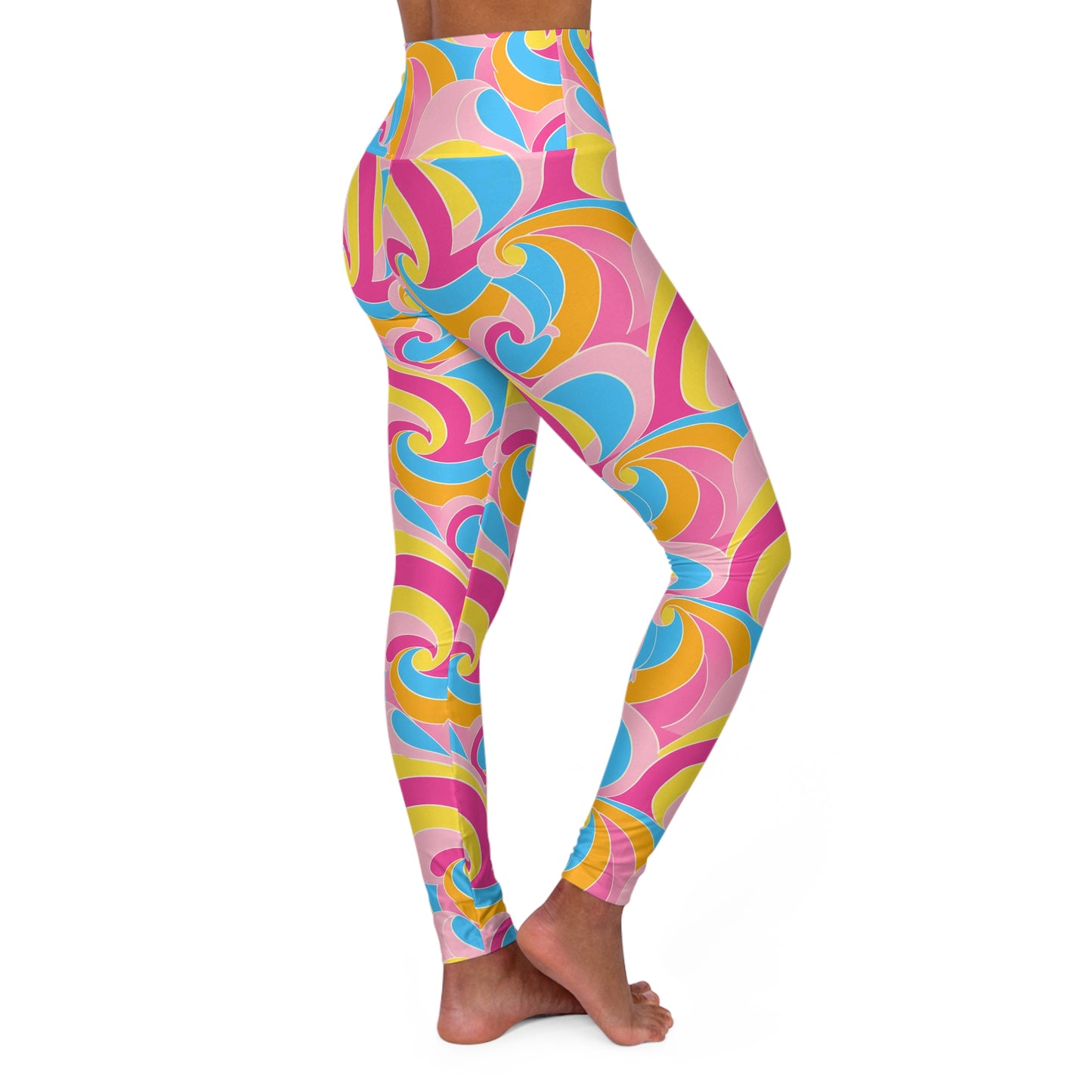 Retro Disco Neon Blue Pink and Yellow High Waisted Yoga Leggings